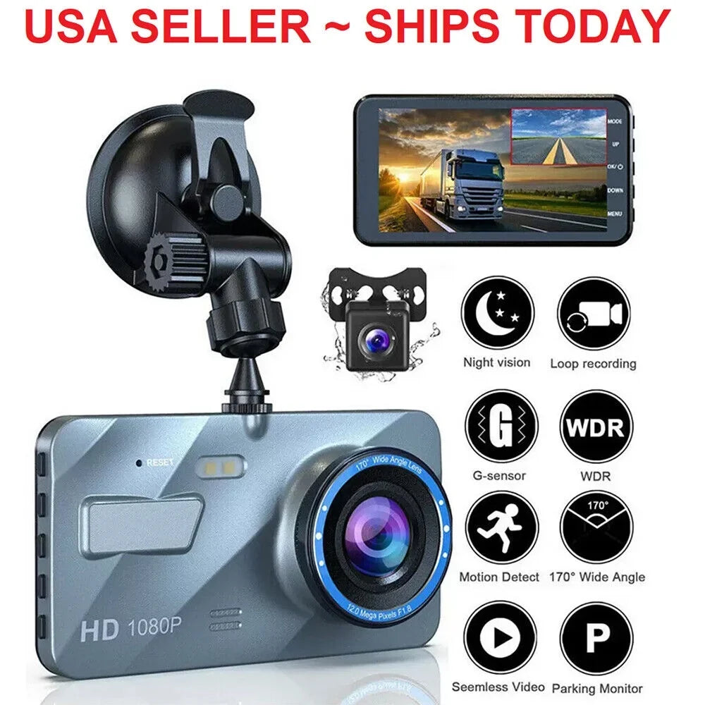 Onemayship HD 1080P Car Dual Lens Dash Cam 4" DVR Recorder Front & Rear Camera Night Vision