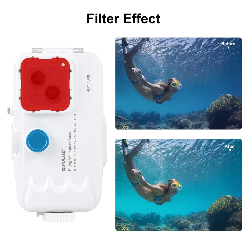 PULUZ 40M131ft Waterproof Phone Case Diving Case Smartphone Underwater Housing Protective Case with Red Filter Neck Strap Cleaning Cloth Replacement 14/ 14 / 13/ 13 / 12/ 12 P