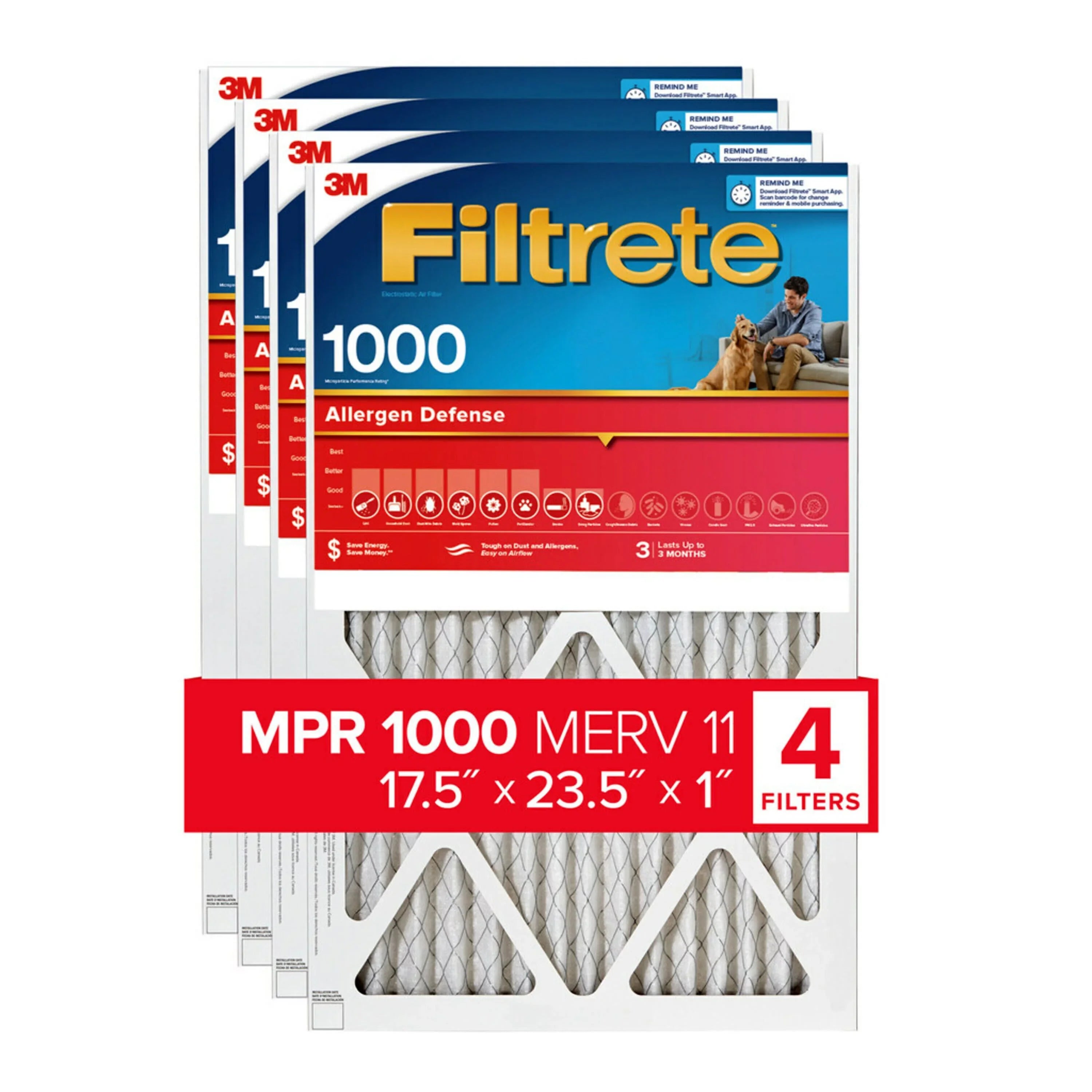 Filtrete 17.5x23.5x1 Air Filter, MPR 1000 MERV 11, Allergen Defense, 4 Filters