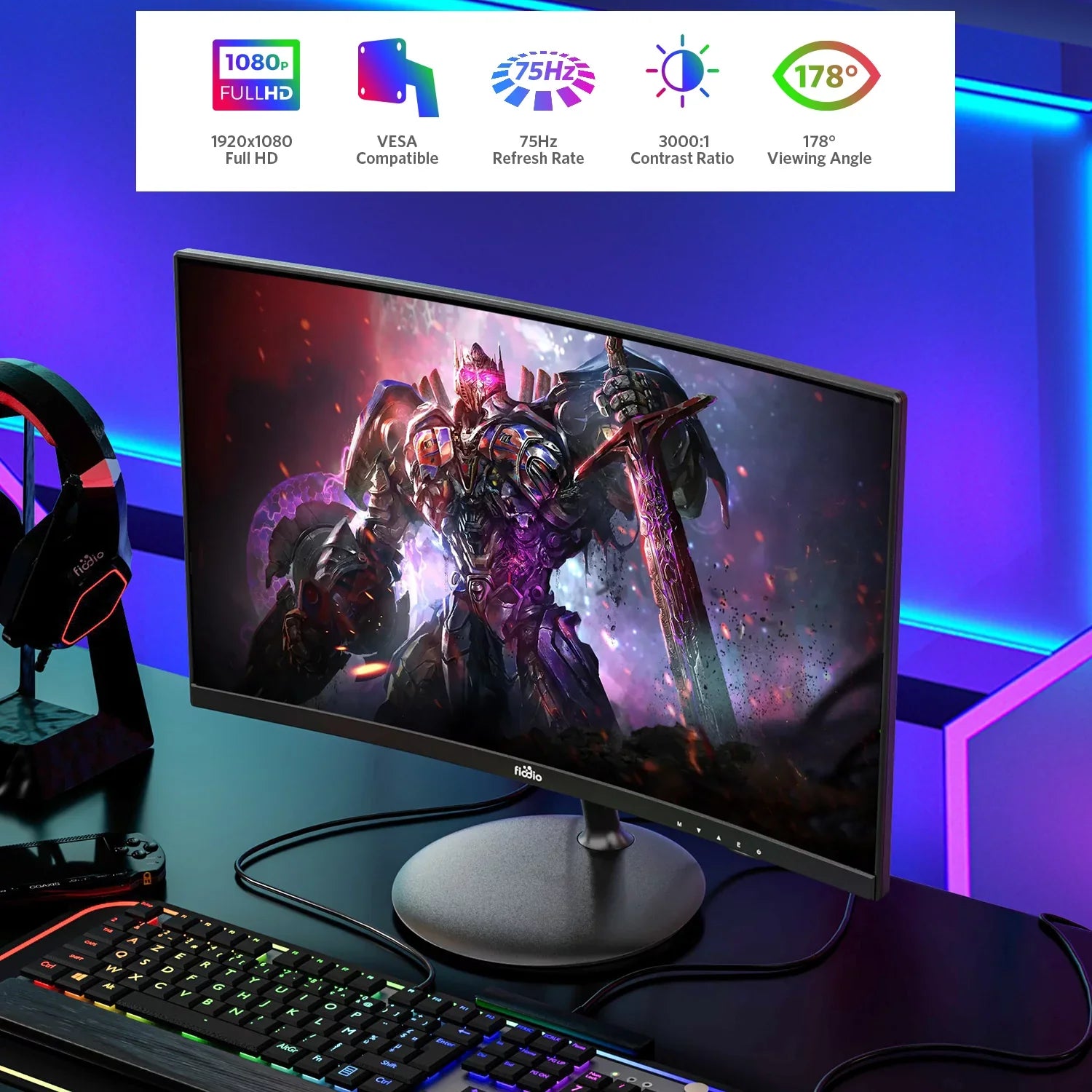 Fiodio 24" Curved FHD 1080P 75Hz Refresh Rate LED Monitor HDMI VGA Ports with Speakers, VESA Wall Mount Ready (HDMI Cable Included)