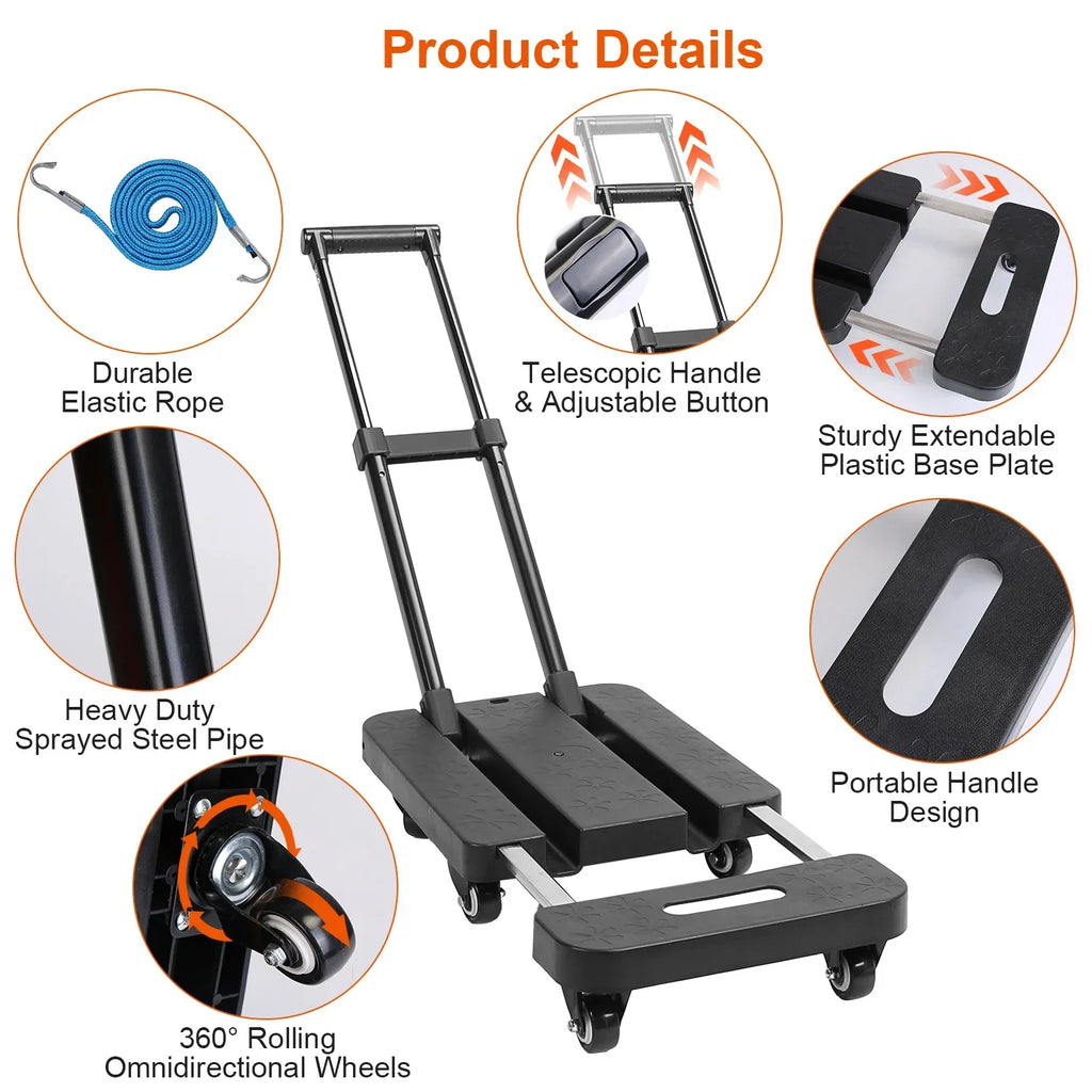 Folding Hand Truck iMounTEK 165LBS Heavy Duty Luggage Cart Utility Dolly Platm Cart Luggage with Retractable Handle 1 Elastic Ropes Black