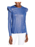 MICHAEL KORS Womens Blue Ruffled Metallic Long Sleeve Jewel Neck Top Size: L