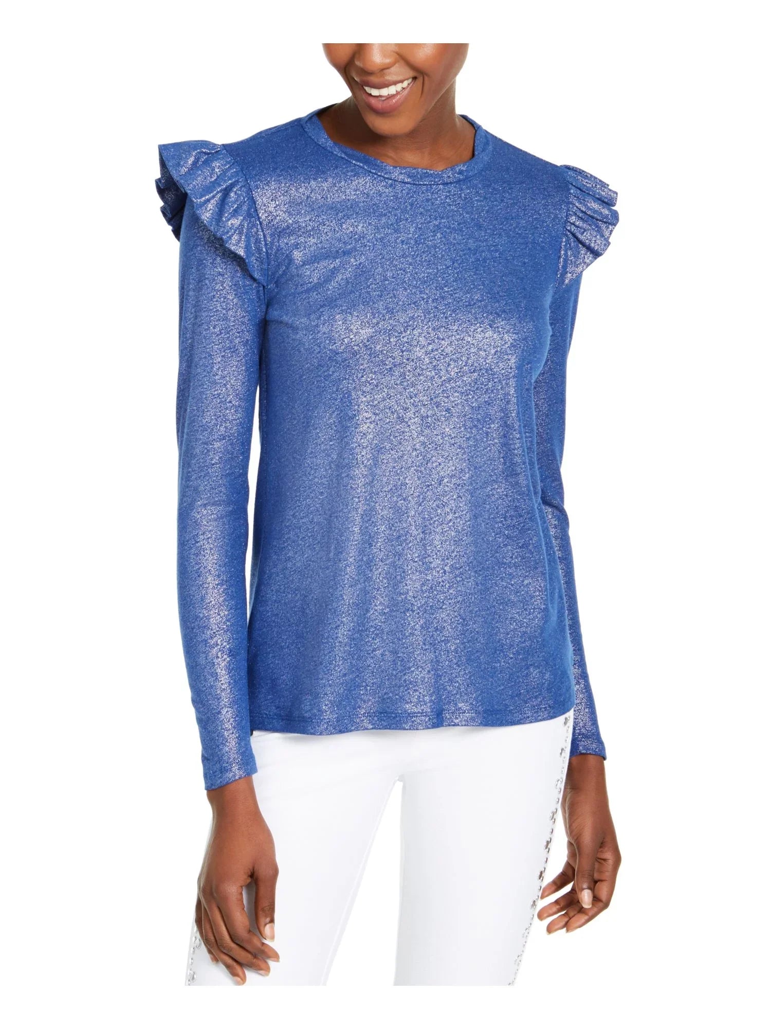 MICHAEL KORS Womens Blue Ruffled Metallic Long Sleeve Jewel Neck Top Size: L