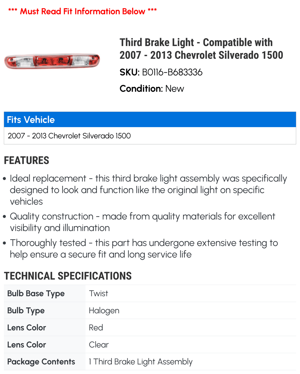Third Brake Light - with 2007 - 2013 Chevy Silverado 1500 2008 2009 2010 2011 2012