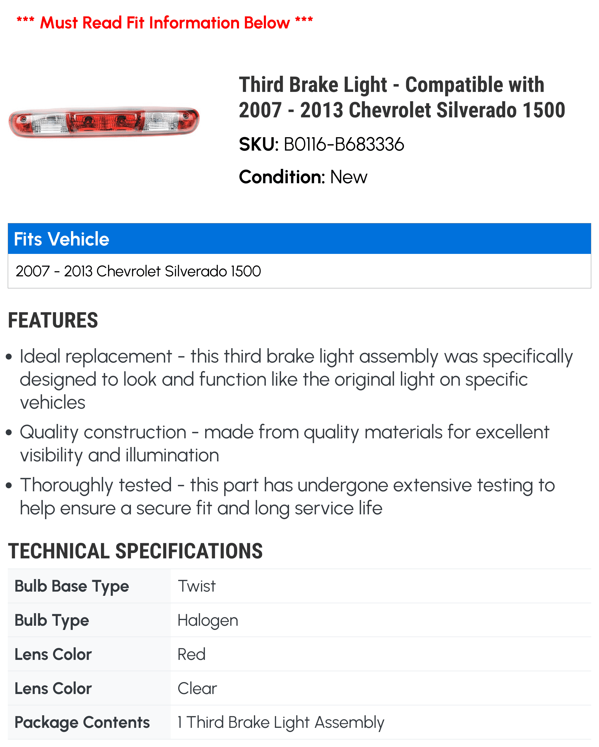 Third Brake Light - with 2007 - 2013 Chevy Silverado 1500 2008 2009 2010 2011 2012