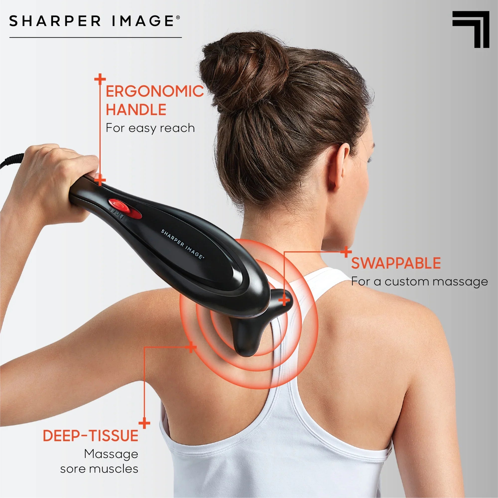 Sharper Image® Deep-Tissue Massager with Swappable Heads, Personal Massage Neck and Back with Kneading and Soothing Heat, Relaxation and Calming Sensation, Interchangeable Nodes