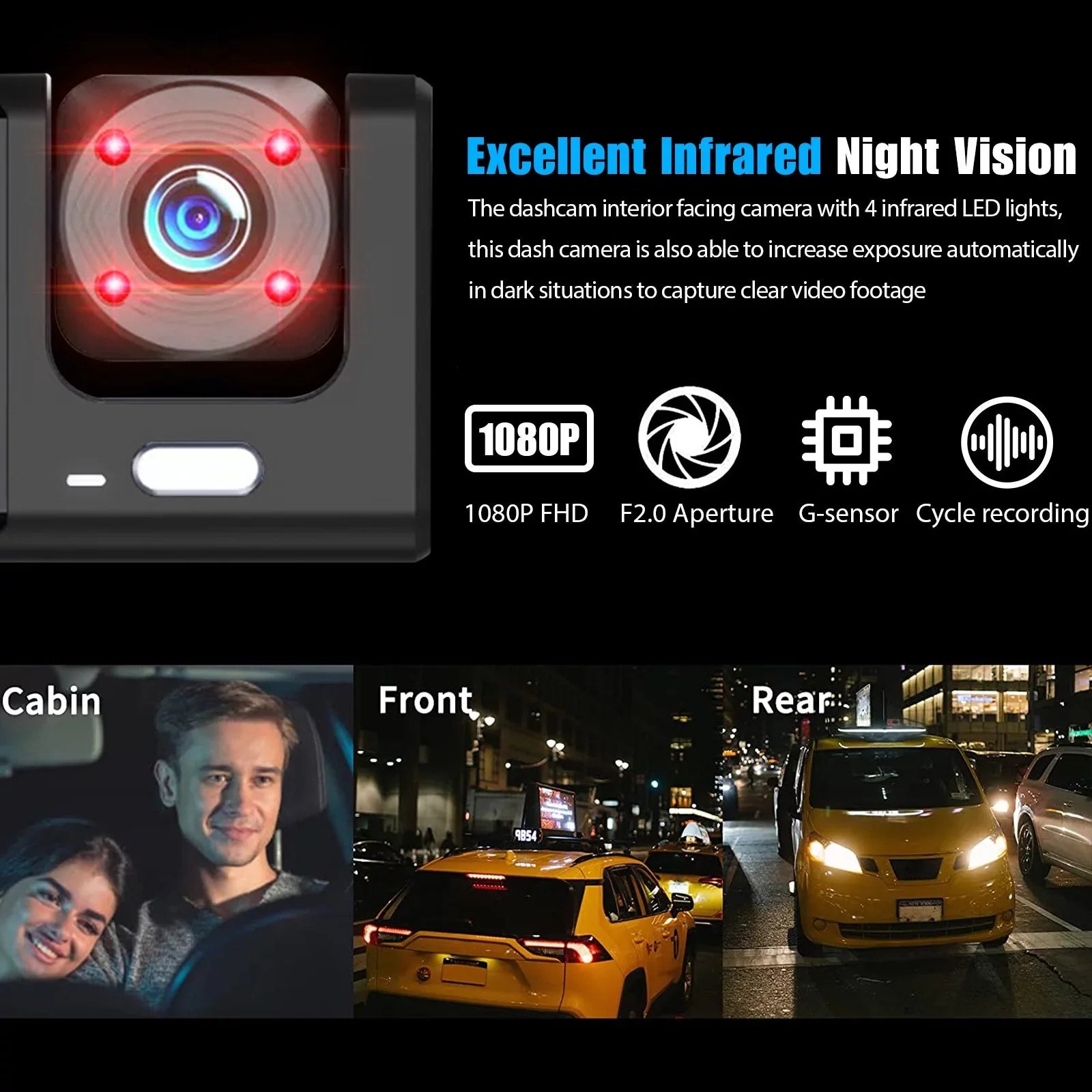 Dash Cam Front Rear Inside W/32GB TF Card, 3 Channel Dual Dash Camera, 1080P Car Camera DVR Backup Cam, 3 Way Triple Dashboard Driving Recorder, Inside IR Night Vision, G-Sensor