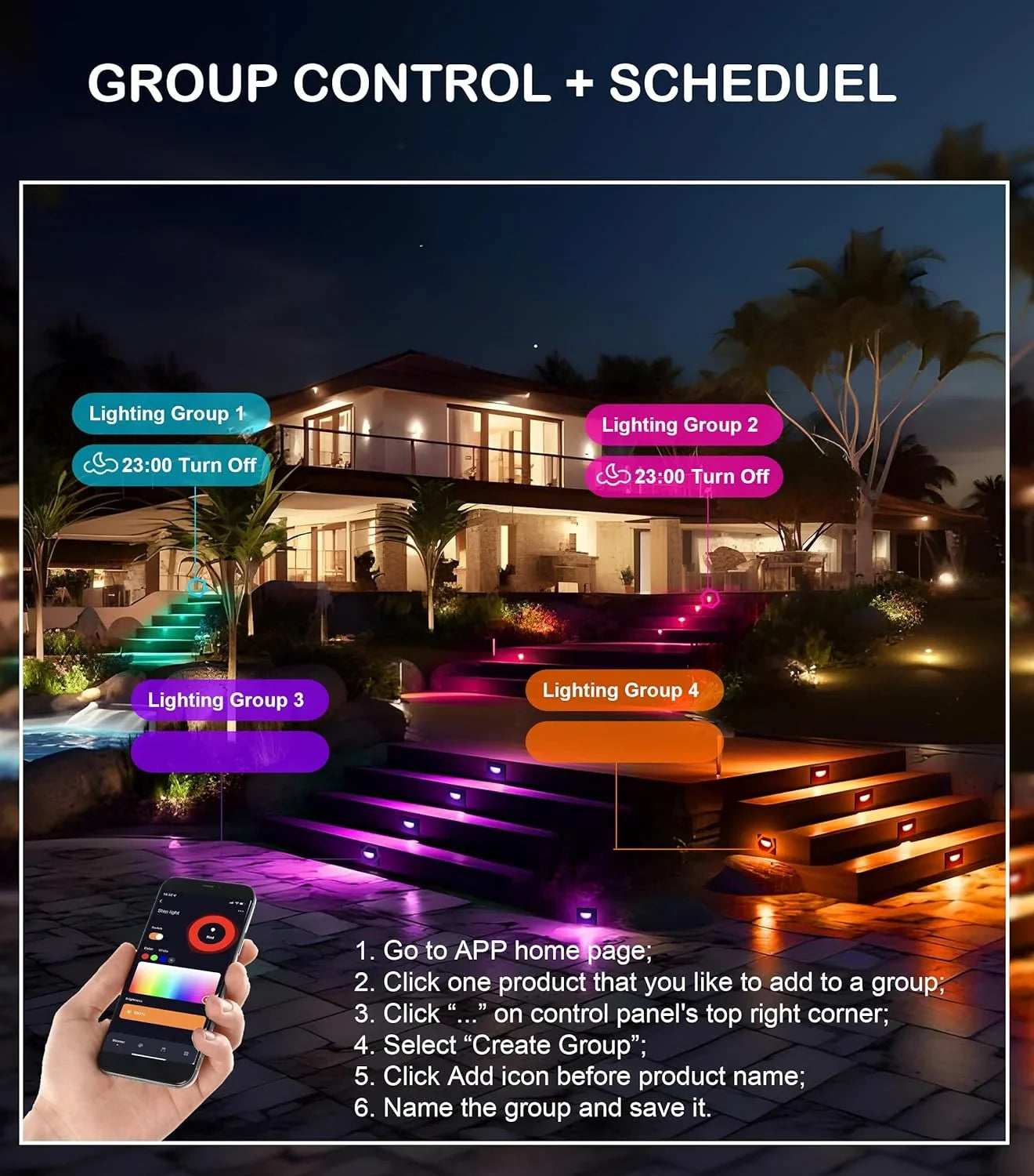 120V Indoor Outdoor Smart LED Step Lights, RGBCW Color Changing Stair Lights,3W 2700K-6500K,Hub Included, with and Google Home Assistant, 6 Pack
