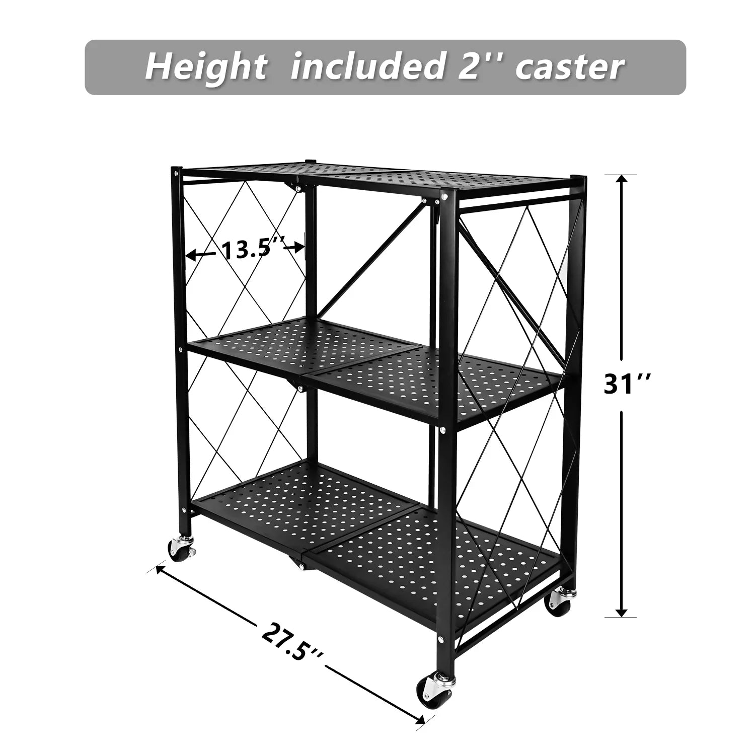 3-Tier Storey Heavy Duty Foldable Metal Rack Storage Shelving Unit with Easy Moving Organizer Shelving Suitable Garage Kitchen, Black