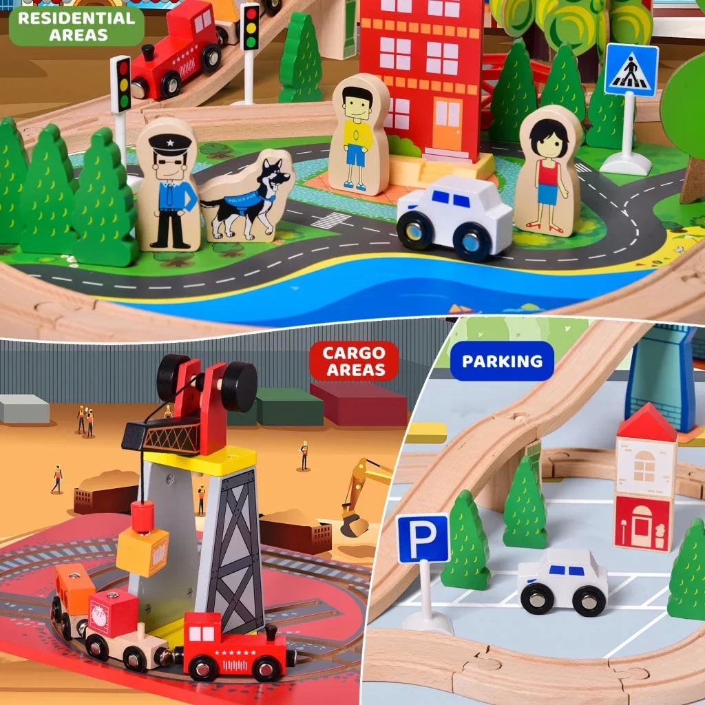 Fun Little Toys 88PCs Wooden Play Set, Enchanting Wooden Train Set Toddlers Age 3+
