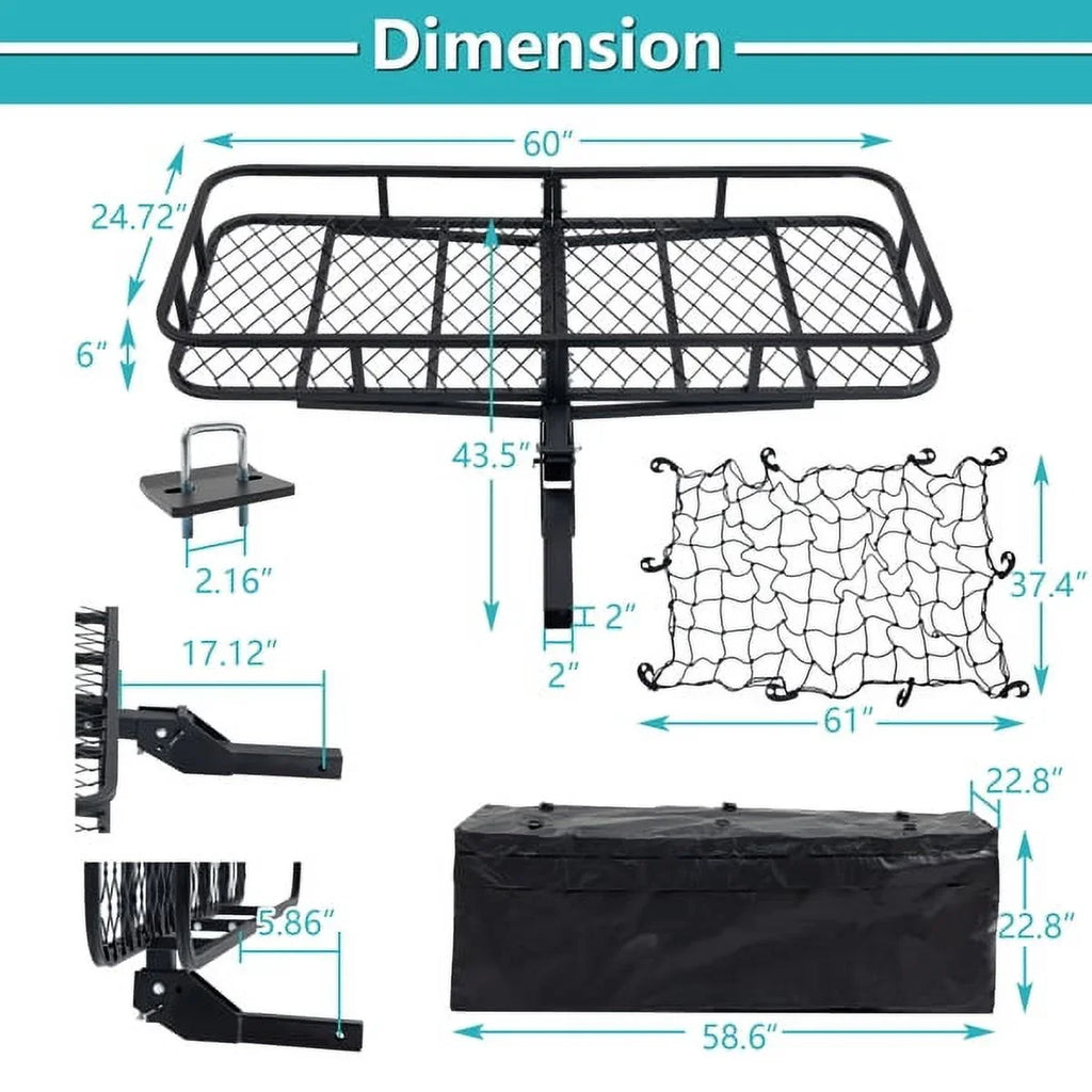 60"x24"x6" hook mounted folding cargo basket with cargo net, 500 lb capacity 60" x 24" x 6" Hitched Mounted Folding Cargo Basket with Cargo Net, 500lb Capacity Car SUV Truck Trailer, Black
