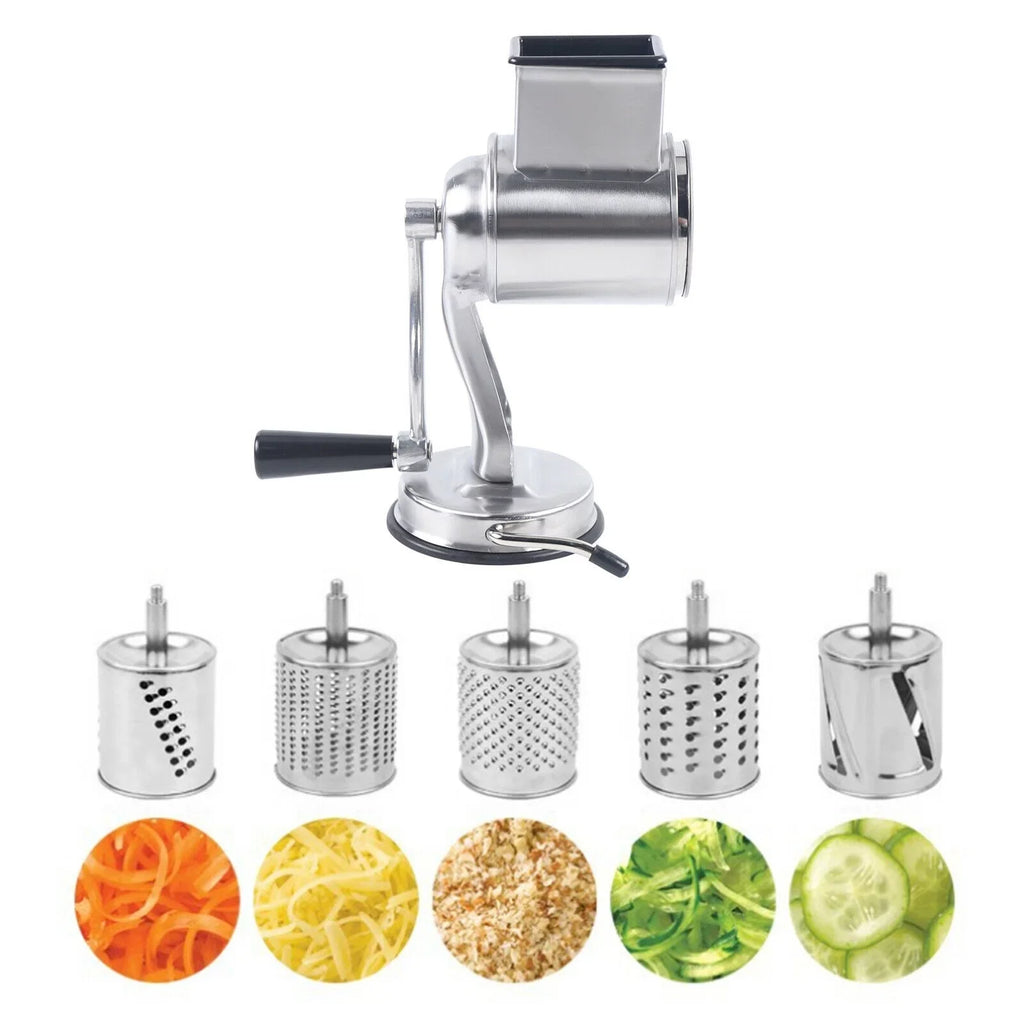 OUKANING Stainless Steel Cheese Food Grater Rotary Drum Slicer Shredder Grinder with 5 Blades