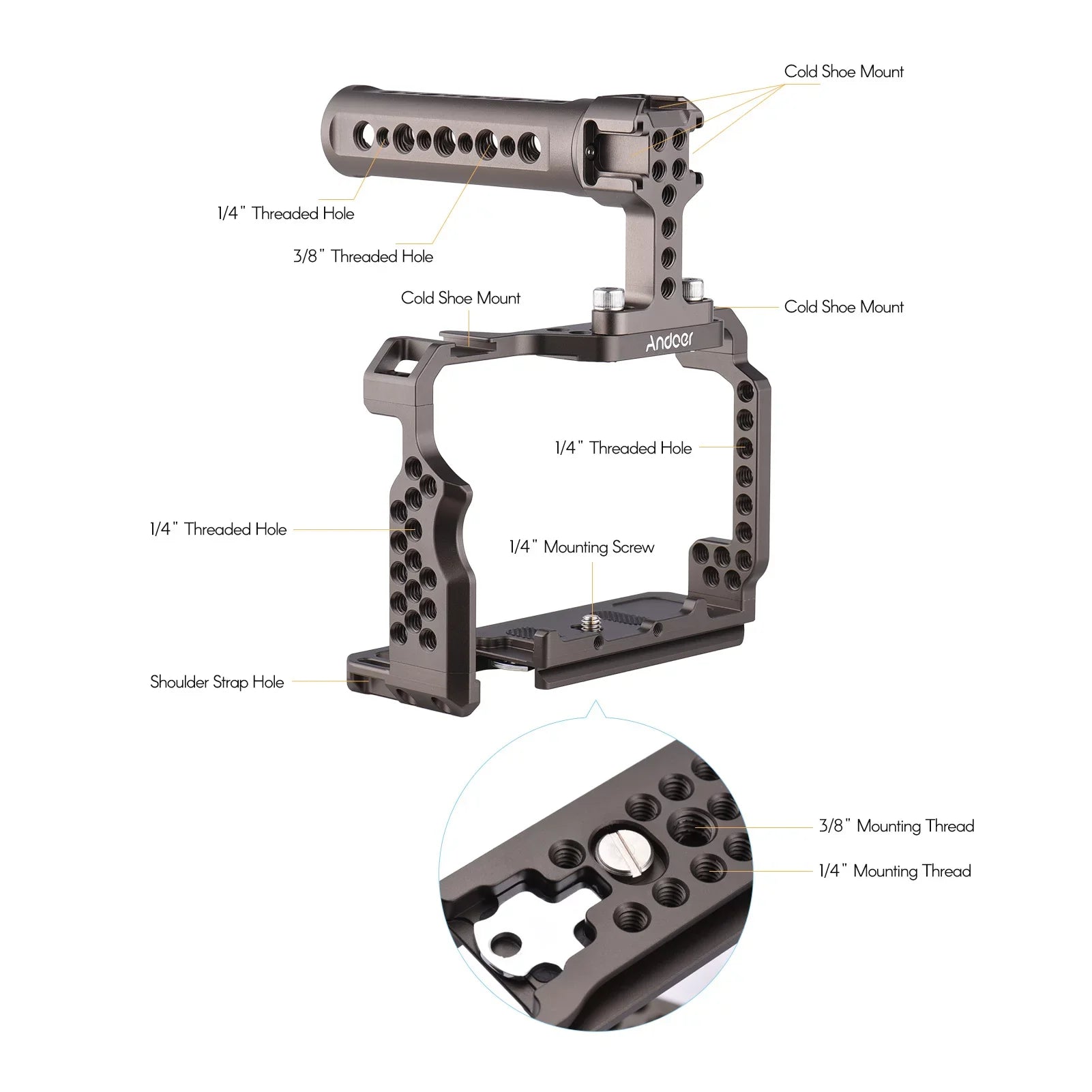 Andoer Aluminum Alloy Camera Cage Kit with Video Rig Handle Grip Replacement Sony A7R III/ A7 II/ A7III