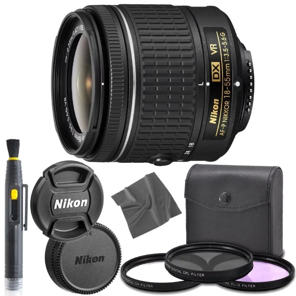 Nikon AF-P DX NIKKOR 18-55mm f/3.5-5.6G VR Lens + UV Filter, Circular Polarizer, Florescent Neutral Density Filter, Font and Rear Lens Caps 1 Year Seller Warranty