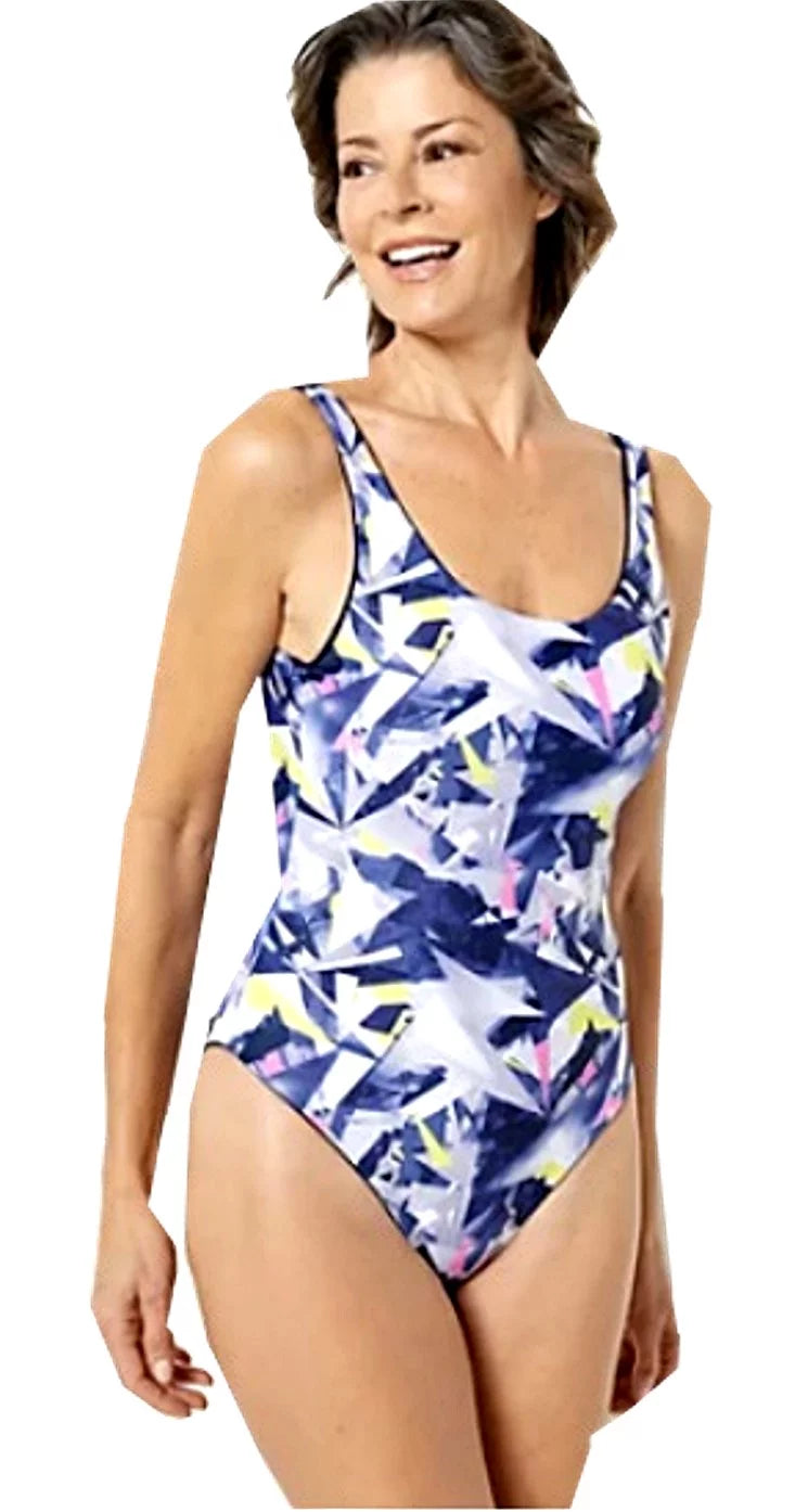 Attitudes by Renee 1-Piece Reversible Bathing Suit Swimsuit - Neon Shatter/Navy A500943 Size Large