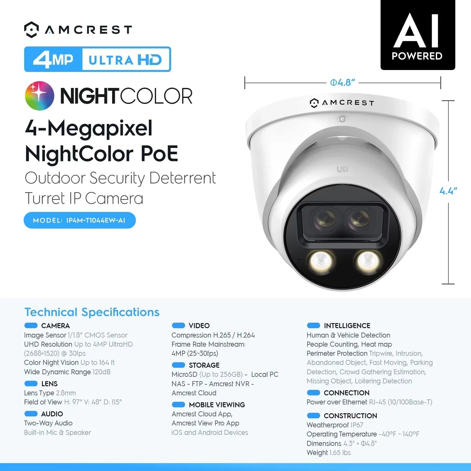 Amcrest Dual-Lens 4K (2 x 2K) AI Outdoor Security Turret IP POE Camera, 8MP (2 x 4MP) @25fps,