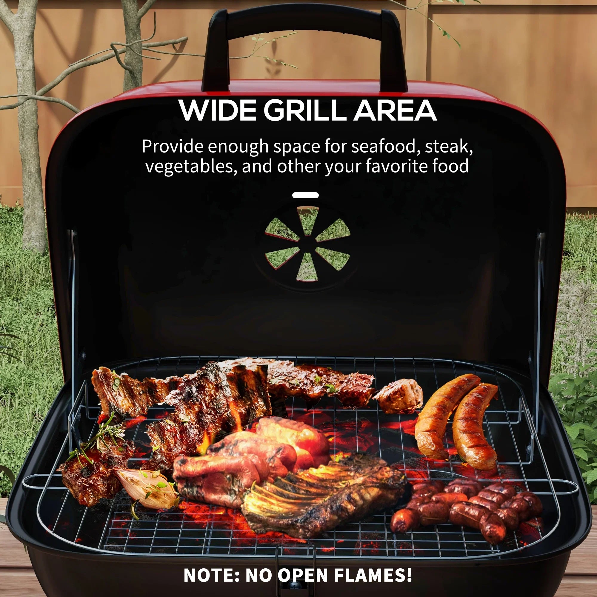 Outsunny Portable Charcoal Grill with Wheels Bottom Shelf Picnic, Red