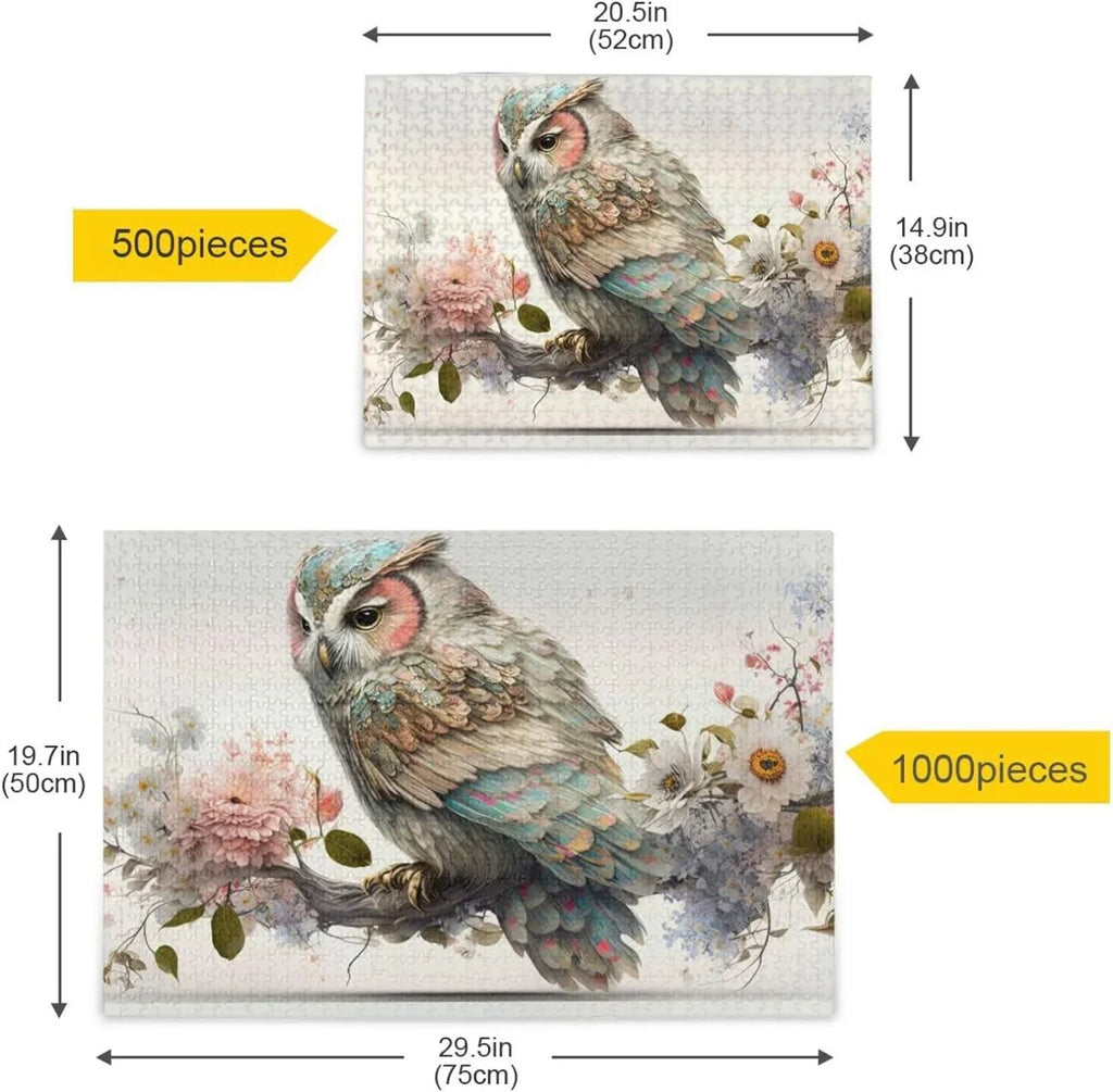 500 PCS Art Floral Owl Jigsaw Puzzle, Paper Wood Composite Material Zigsaw with Storage Bag, Puzzle Adults, Fun Challenging Brain Exercise Family Game Gift Kids Friends Parents