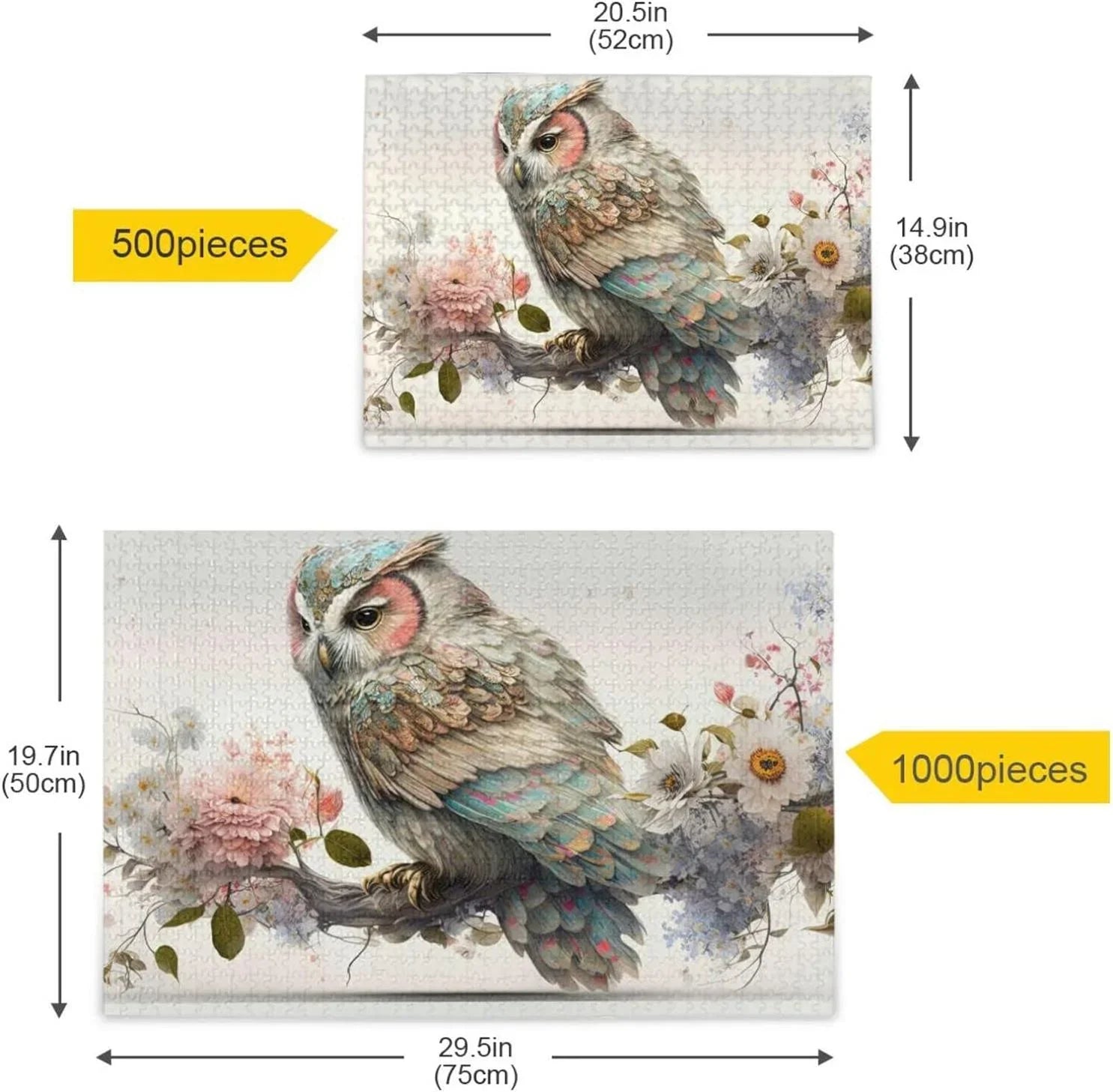 500 PCS Art Floral Owl Jigsaw Puzzle, Paper Wood Composite Material Zigsaw with Storage Bag, Puzzle Adults, Fun Challenging Brain Exercise Family Game Gift Kids Friends Parents