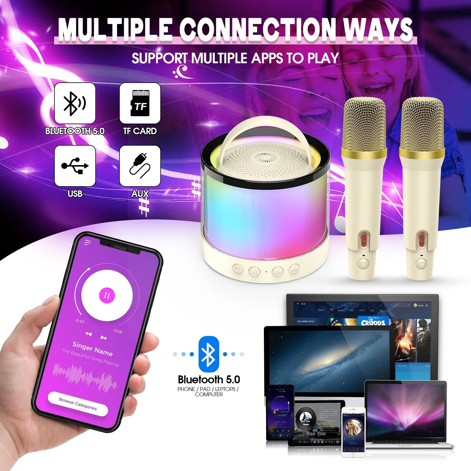 Mini Karaoke Machine Microphone Kids Adults, Portable Bluetooth Speaker with 2 Microphones, Toys Gifts 3 4 5 6 7 8+ Year Old Girls Boys Adults