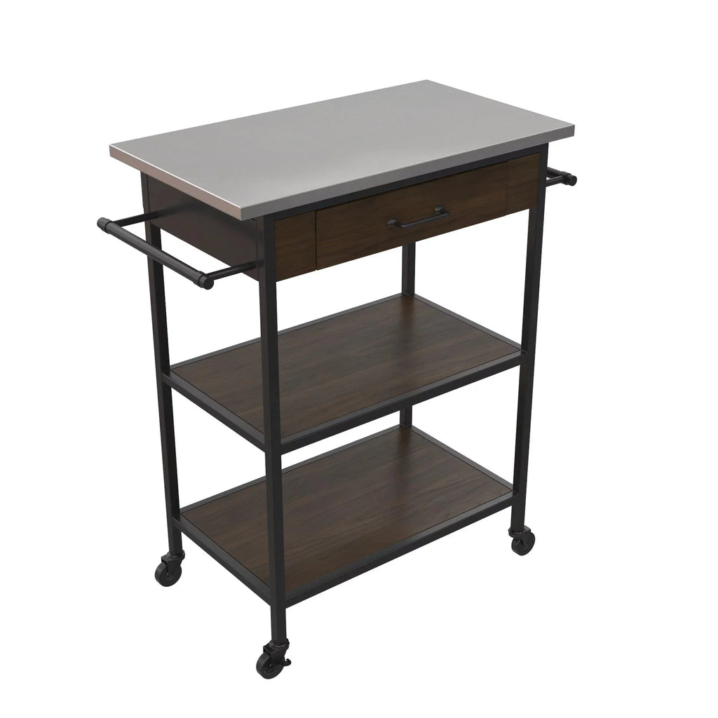 DHP Kane Kitchen Cart, Black Metal Frame, Stainless Steel Counter Top, Pantry Storage, Brown