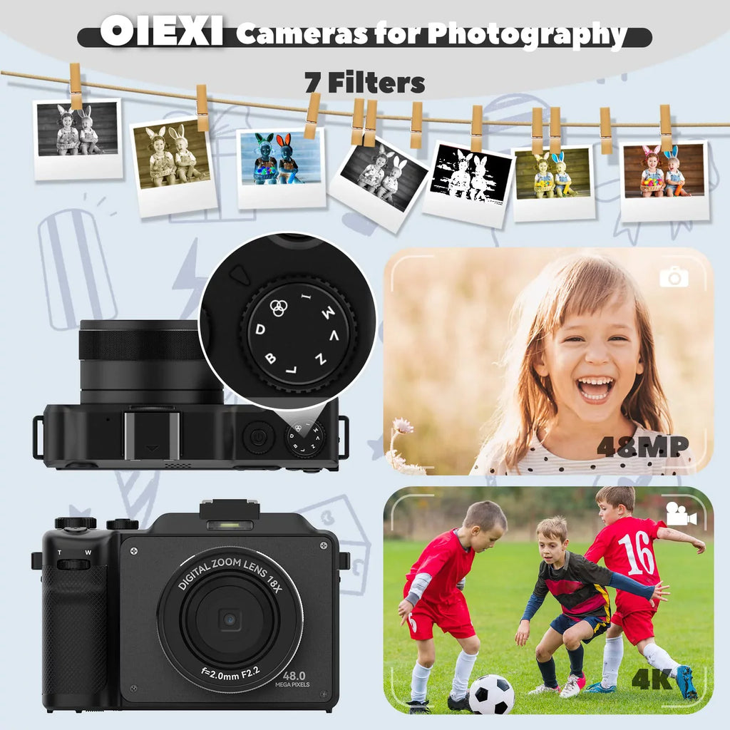 OIEXI 48MP Digital Camera Photography,4K Video Camera with Front and Rear Dual Cameras,18X Digital Zoom,3.0-inch Screen,32GB Micro Card,Rechargeable Battery,Camera Kids/Teens/Beginners(Black)