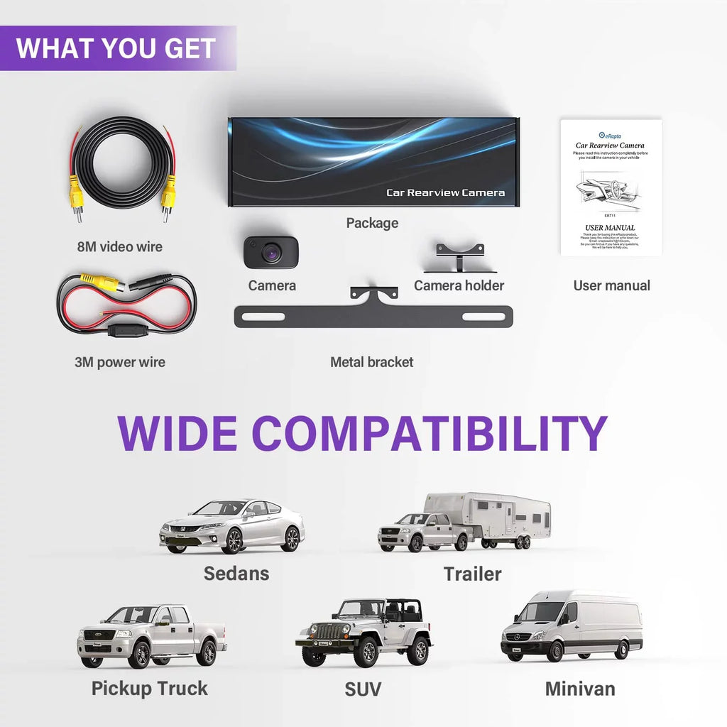 eRapta ERT11 Backup Camera, Rear View Reverse Camera Car Truck Pickup SUV RV Van HD License Plate Front Rear Camera