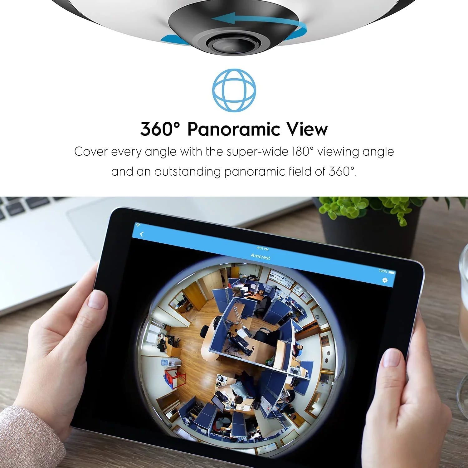Amcrest 5-Megapixel Fisheye Camera, UltraHD Security PoE Camera Indoor, 1.4mm Lens, 33ft Nightvision, 360° Panoramic Camera Protection Cloud and MicroSD Recording, IP5M-F1180EW (White)