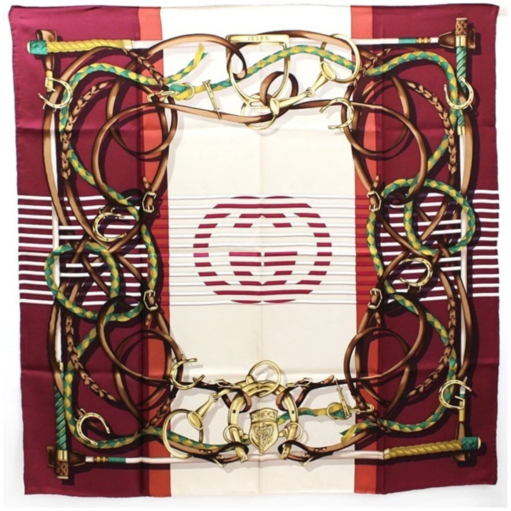 Pre-Owned Gucci Silk Scarf Muffler Beige x Bordeaux Interlocking Pattern GUCCI Women's (Good)