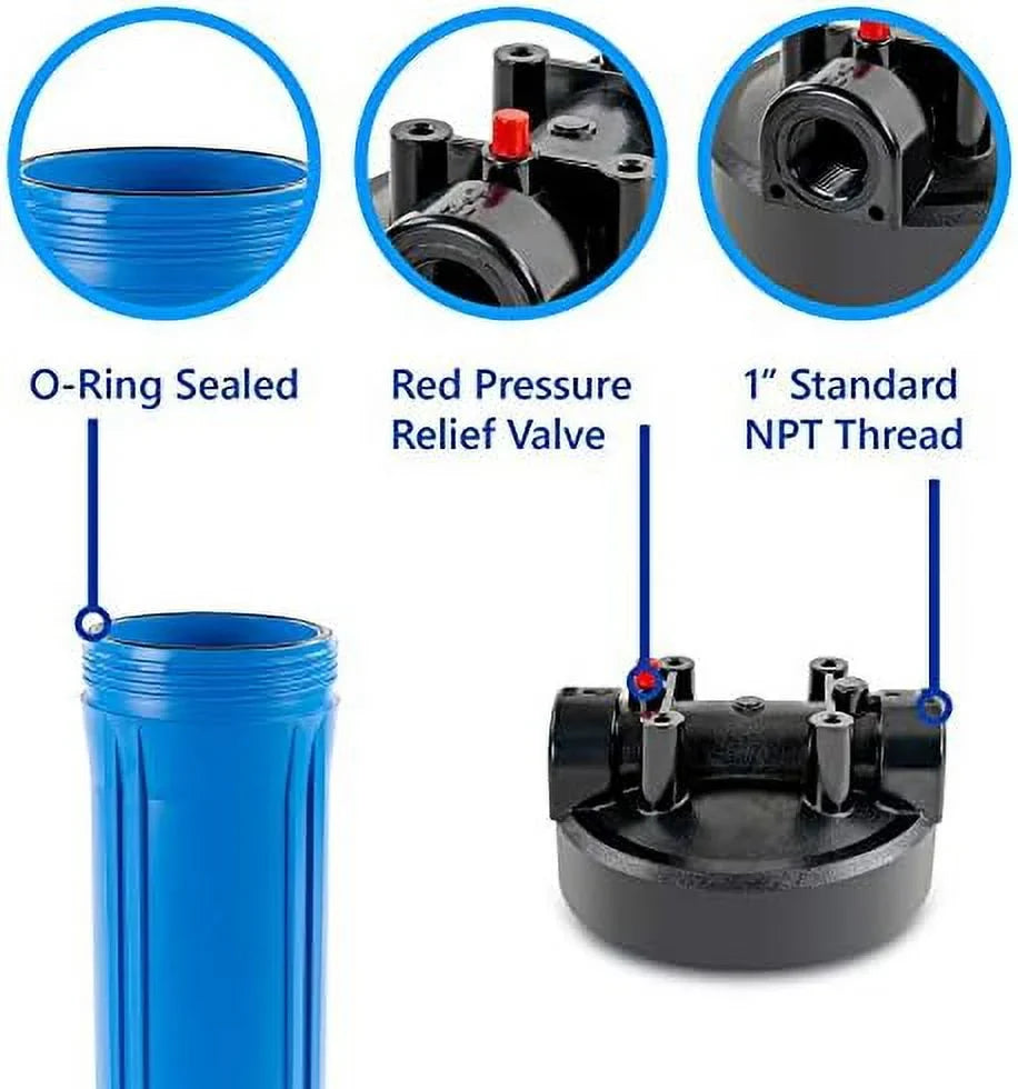 whole house water filter housing, universal 20-inch housing 4.5” x 20”, 1-inch npt inlet outlet, heavy duty standard size replacement includes wrench, pressure release button
