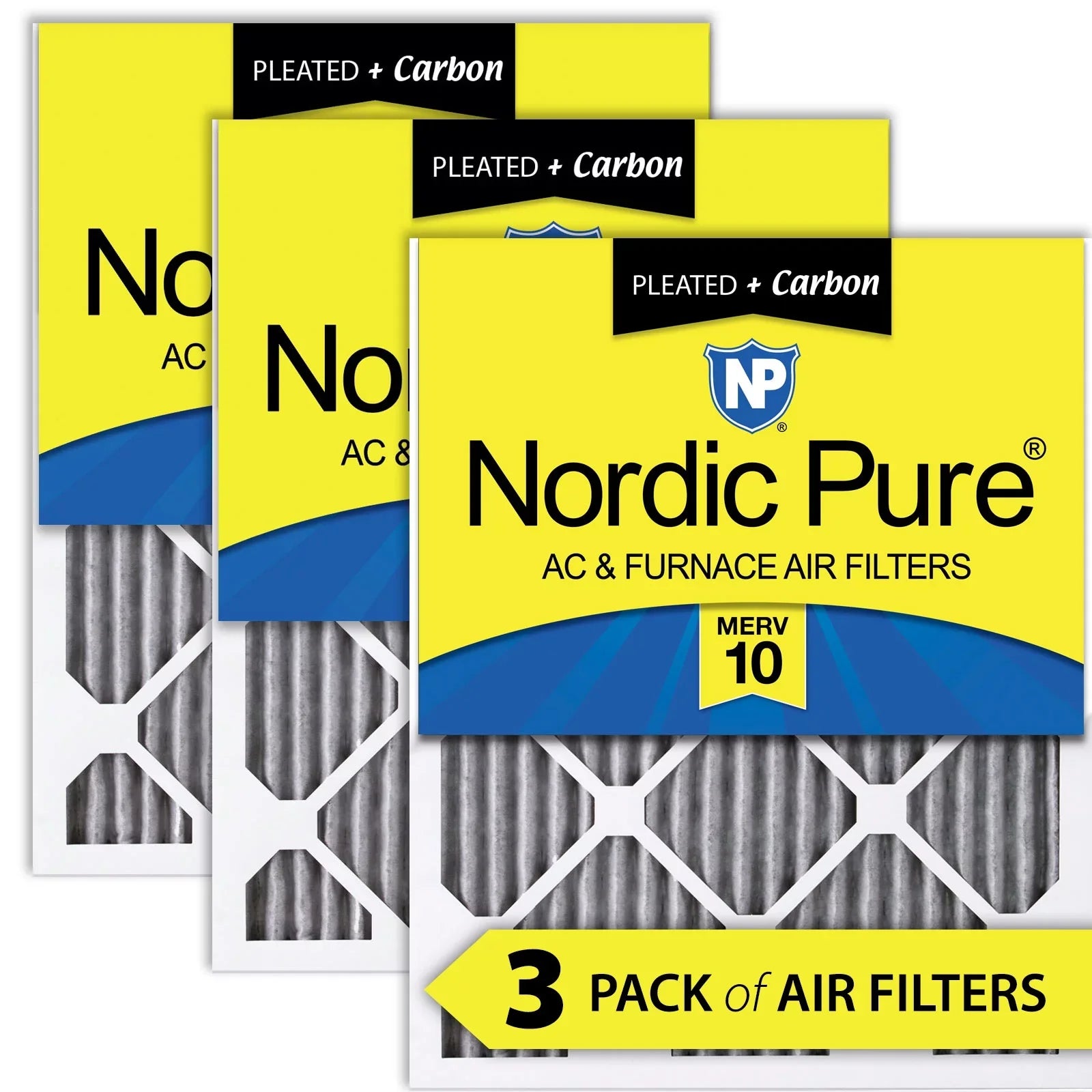14x25x1 (13_1/2x24_1/2) Furnace Air Filters MERV 10 Pleated Plus Carbon 3 Pack