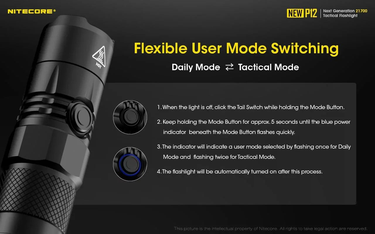 Nitecore New P12 Version LED Flashlight - 1200 Lumens w/NL2150HPR Battery, USB Cord, Offset Mount and RSW3 Pressure Switch