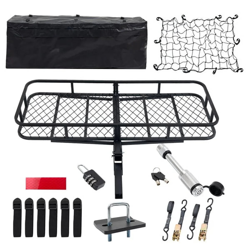 60"x24"x6" hook mounted folding cargo basket with cargo net, 500 lb capacity 60" x 24" x 6" Hitched Mounted Folding Cargo Basket with Cargo Net, 500lb Capacity Car SUV Truck Trailer, Black