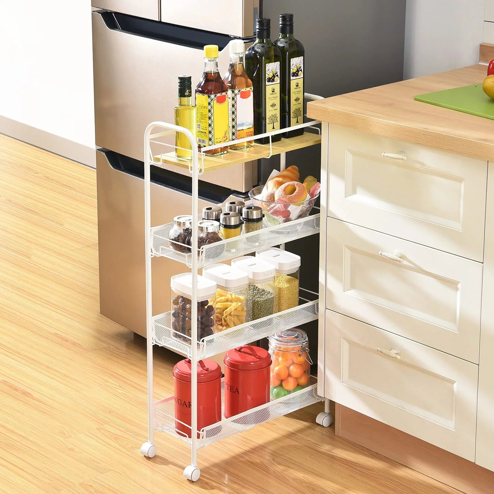 KK KINGRACK 4-Tier School Rolling Cart, Mesh Storage Utility Carts with Wooden Tabletop Kitchen Bathroom, White