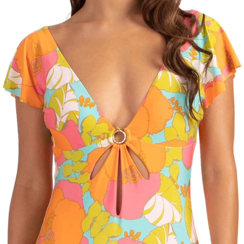Trina Turk Women's Playa De Flor Keyhole Front Flutter Sleeves One-piece Swimsuit-Orange / 14
