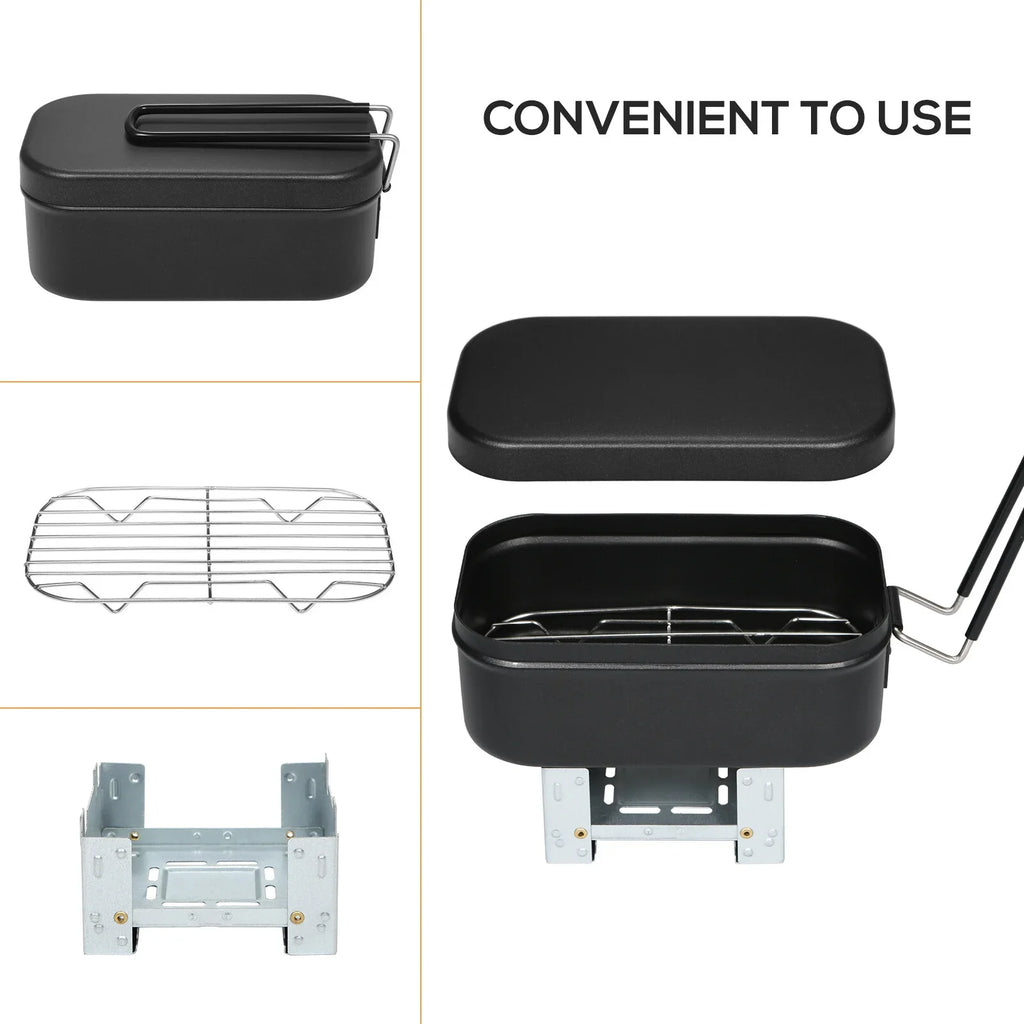 FlyFlise 4pcs Cookware Mess Kit 800ml Camping Lunch Box with Alcohol Stove Steaming Rack Cutting Board Backpacking Hiking Fishing Mountaineering
