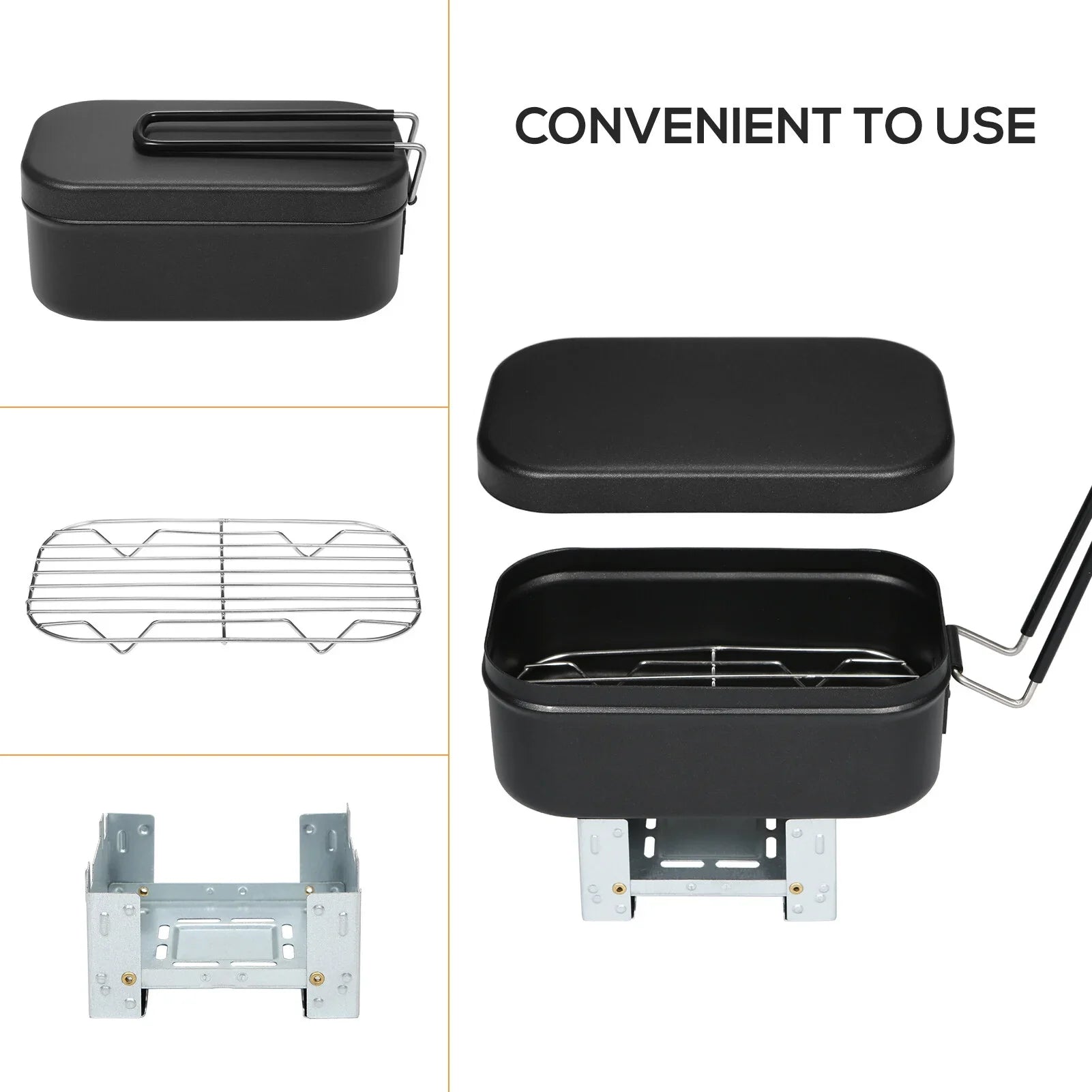 FlyFlise 4pcs Cookware Mess Kit 800ml Camping Lunch Box with Alcohol Stove Steaming Rack Cutting Board Backpacking Hiking Fishing Mountaineering