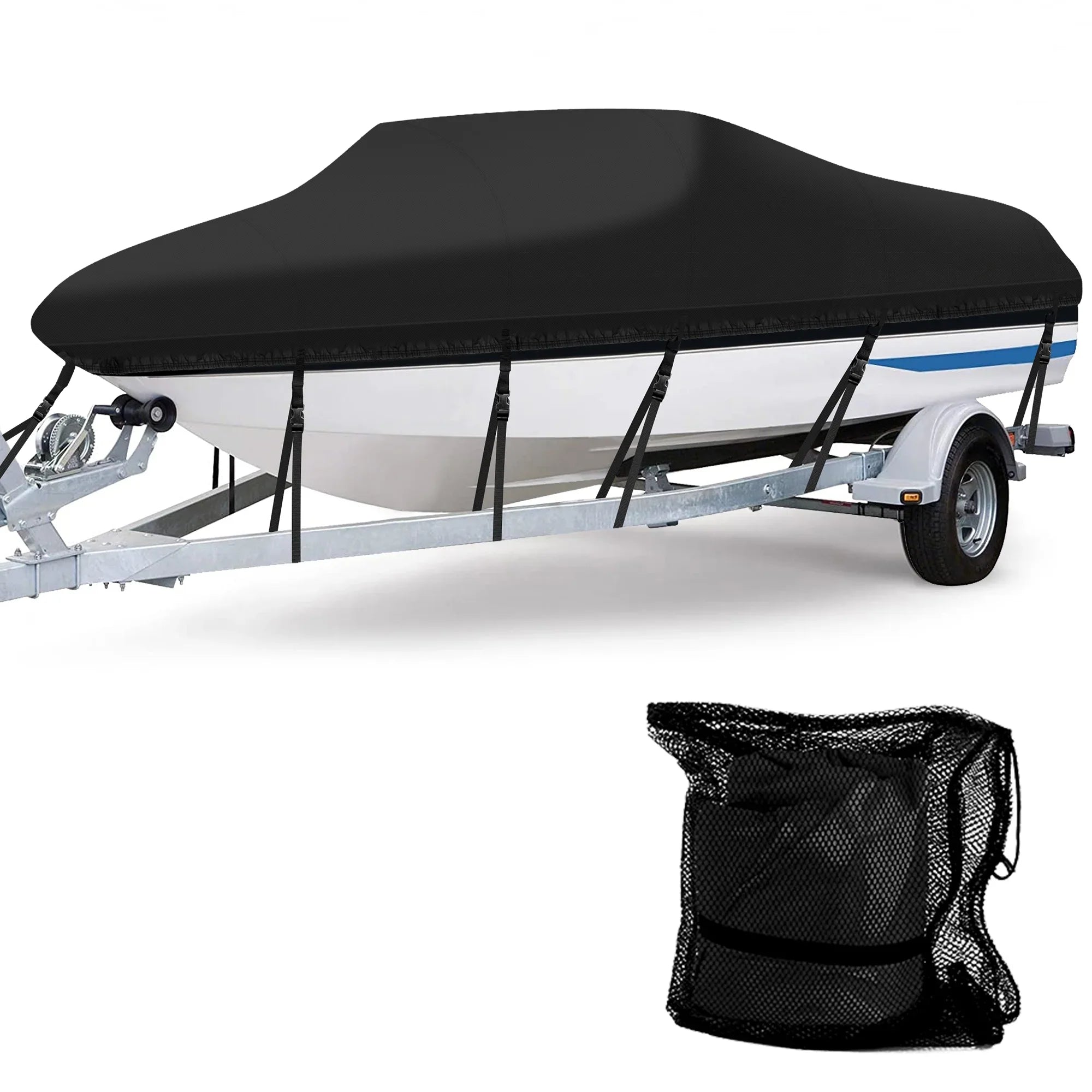 AngLink 17 - 19 ft Waterproof Craft Coating - Heavy Duty 600D Polyester Oxd All Protection Bass Runabout Craft Protection Strong and Trailerable, Fit Fishing Ship V-Hull TRI-Hull | Black