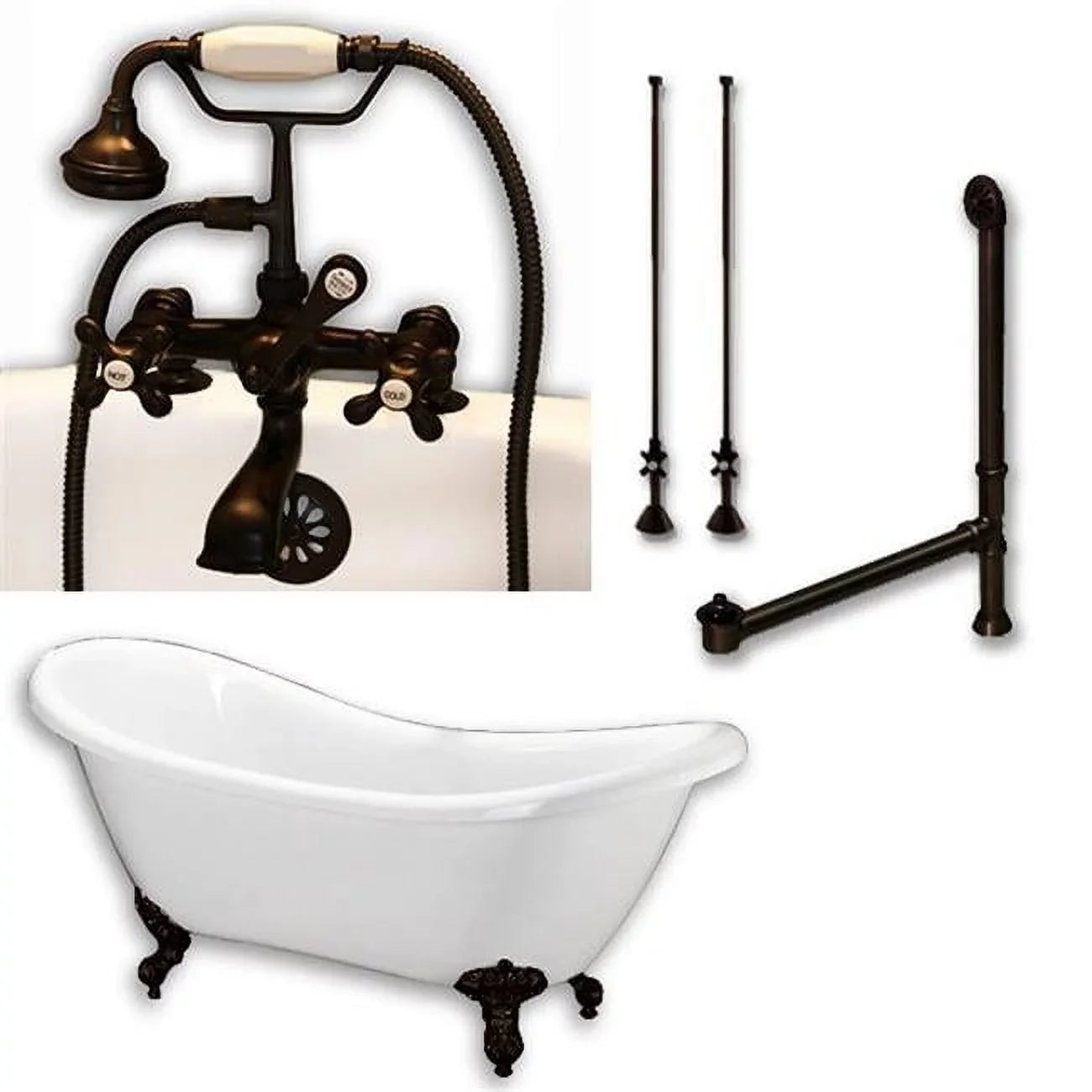 Cambridge Plumbing Acrylic Double Ended Slipper Tub with 6 in. Pedestal Holes Deck Risers - Classic Telephone Style Faucet & Orb Plumbing