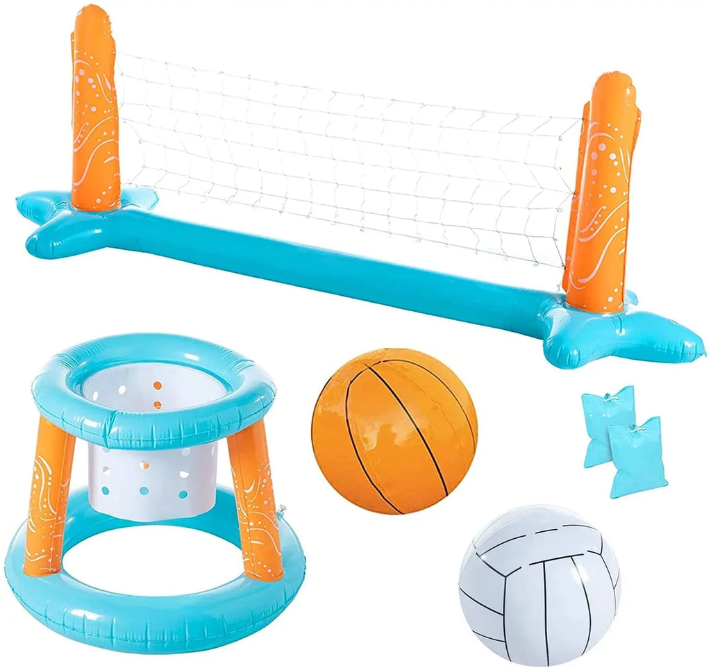 Clover Larger Pool Volleyball Set & Basketball Hoop, Pool Volleyball Net Inground Balls & Weight Bags, Pool Toys Game Kids Teens and Adults | Light Blue