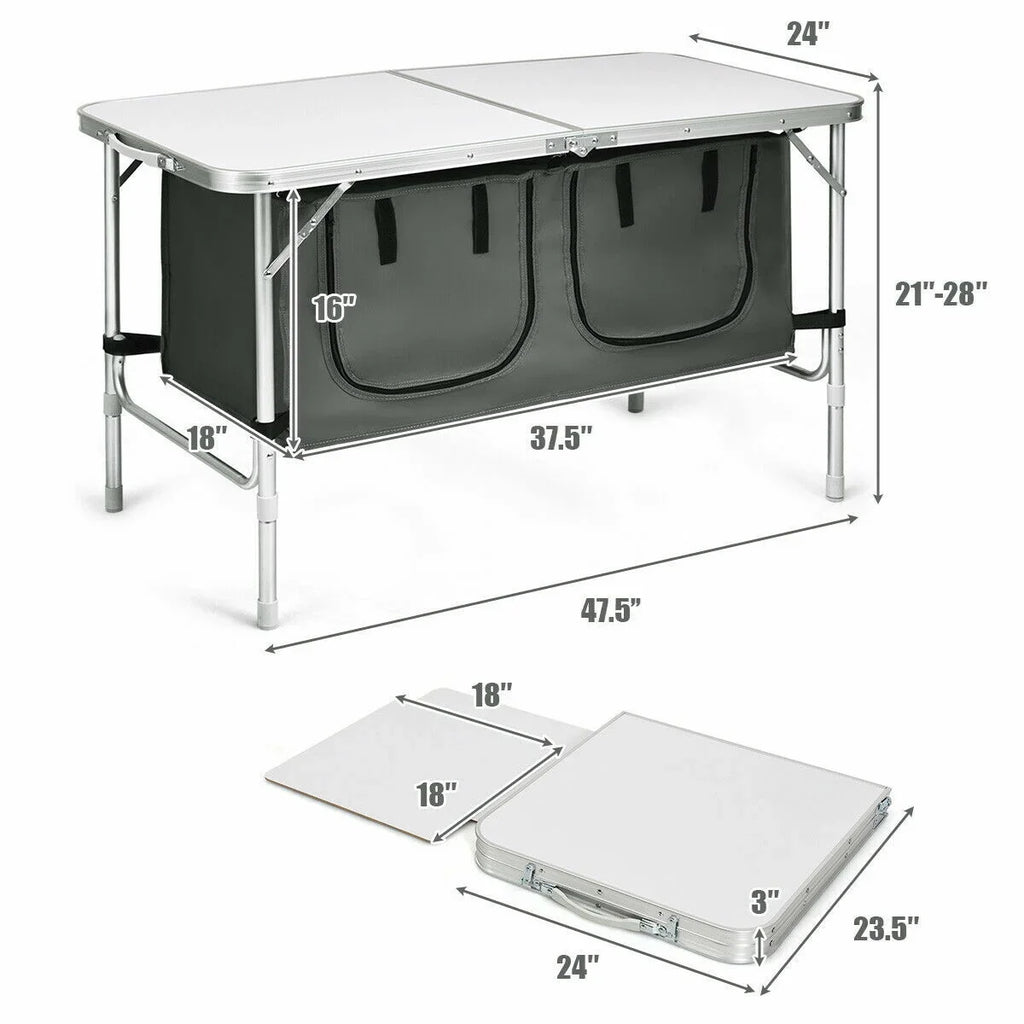 Grey Folding Camping Table with Height Adjustable Aluminum Frame and Storage Organizer