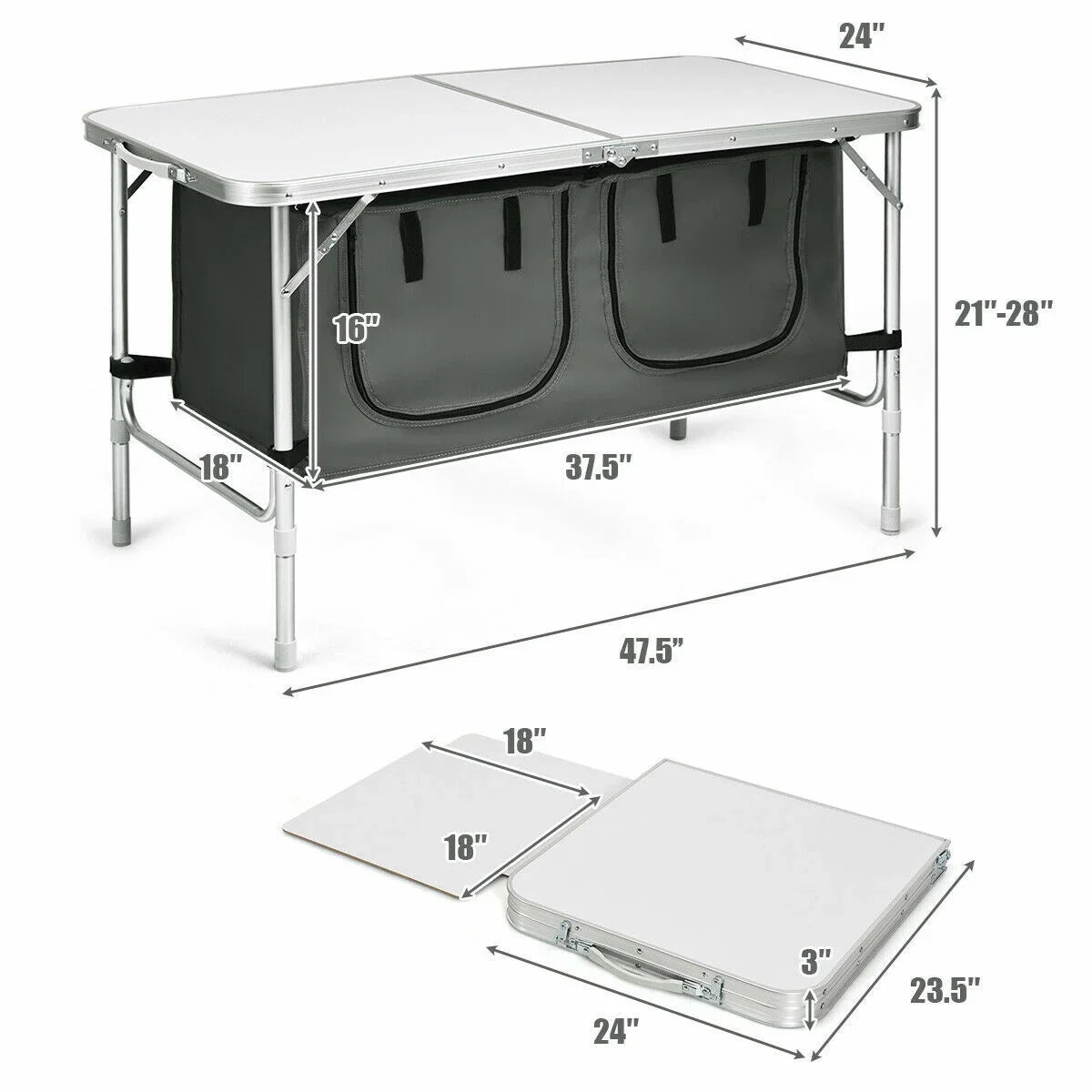 Grey Folding Camping Table with Height Adjustable Aluminum Frame and Storage Organizer