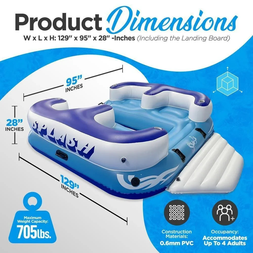 SereneLifeHome Inflatable 4- Person Floating Island Raft, Party Island Raft w/ 4 Drink Holders, Use Lounging on Lake, Beach River or Pool