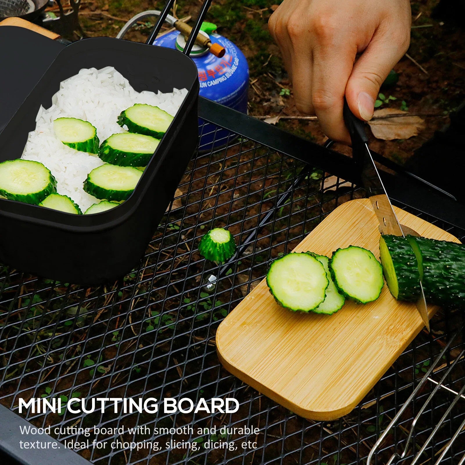 FlyFlise 4pcs Cookware Mess Kit 800ml Camping Lunch Box with Alcohol Stove Steaming Rack Cutting Board Backpacking Hiking Fishing Mountaineering