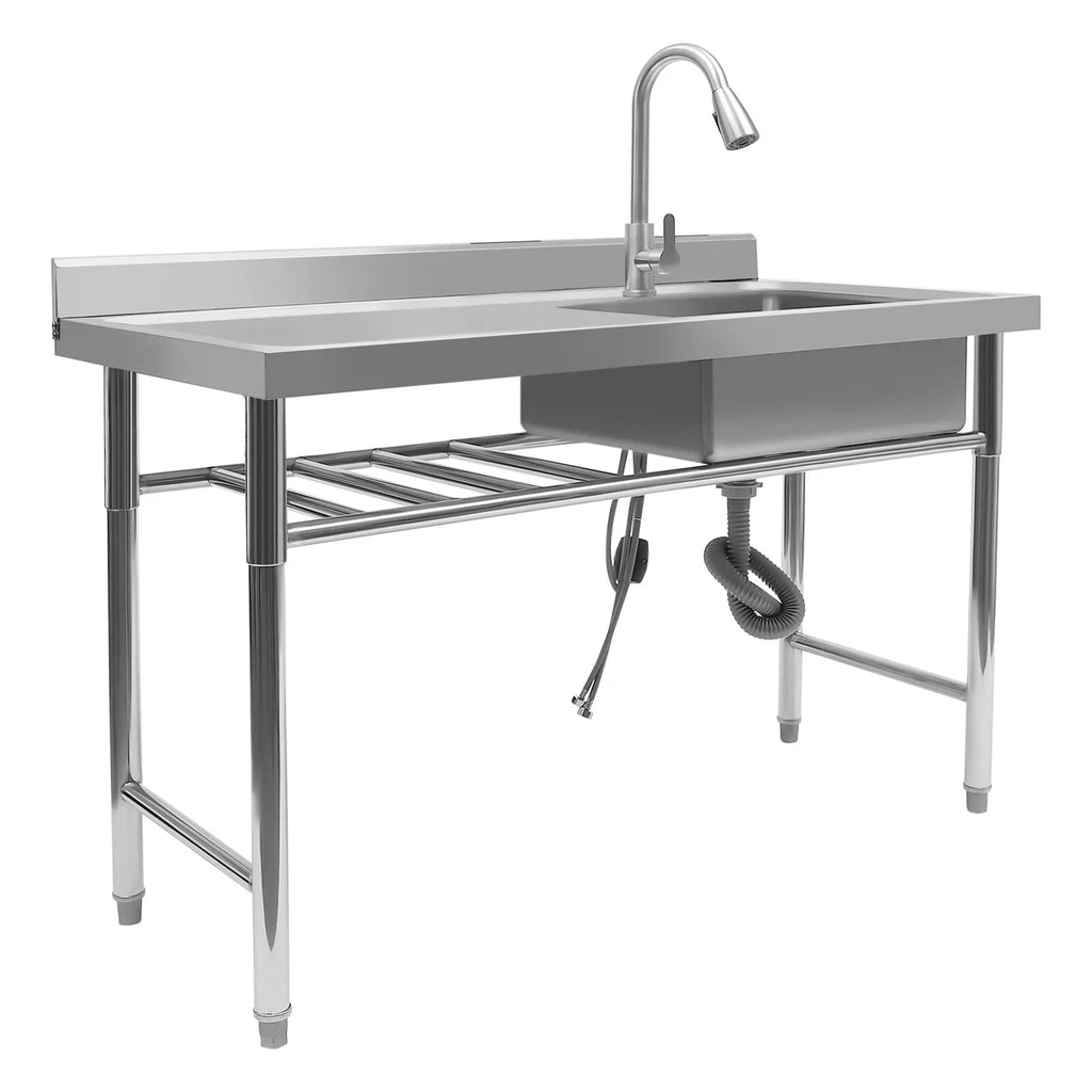 Aiqidi 47" Freestanding Stainless Steel Utility Sink, 1 Compartment Commercial Restaurant Kitchen Sink Washing Hand Basin w/Catering Prep Table & Pull-Out Faucet & Drainpipe