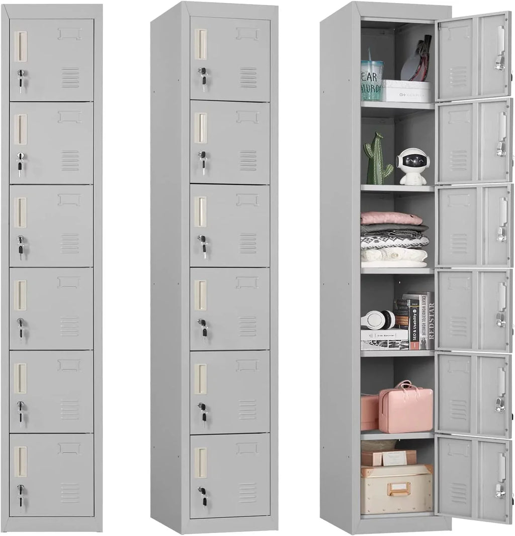 SUNCROWN Metal Locker Storage Cabinet with 6 Lockable Door School, Gym, Home, Office, Gray