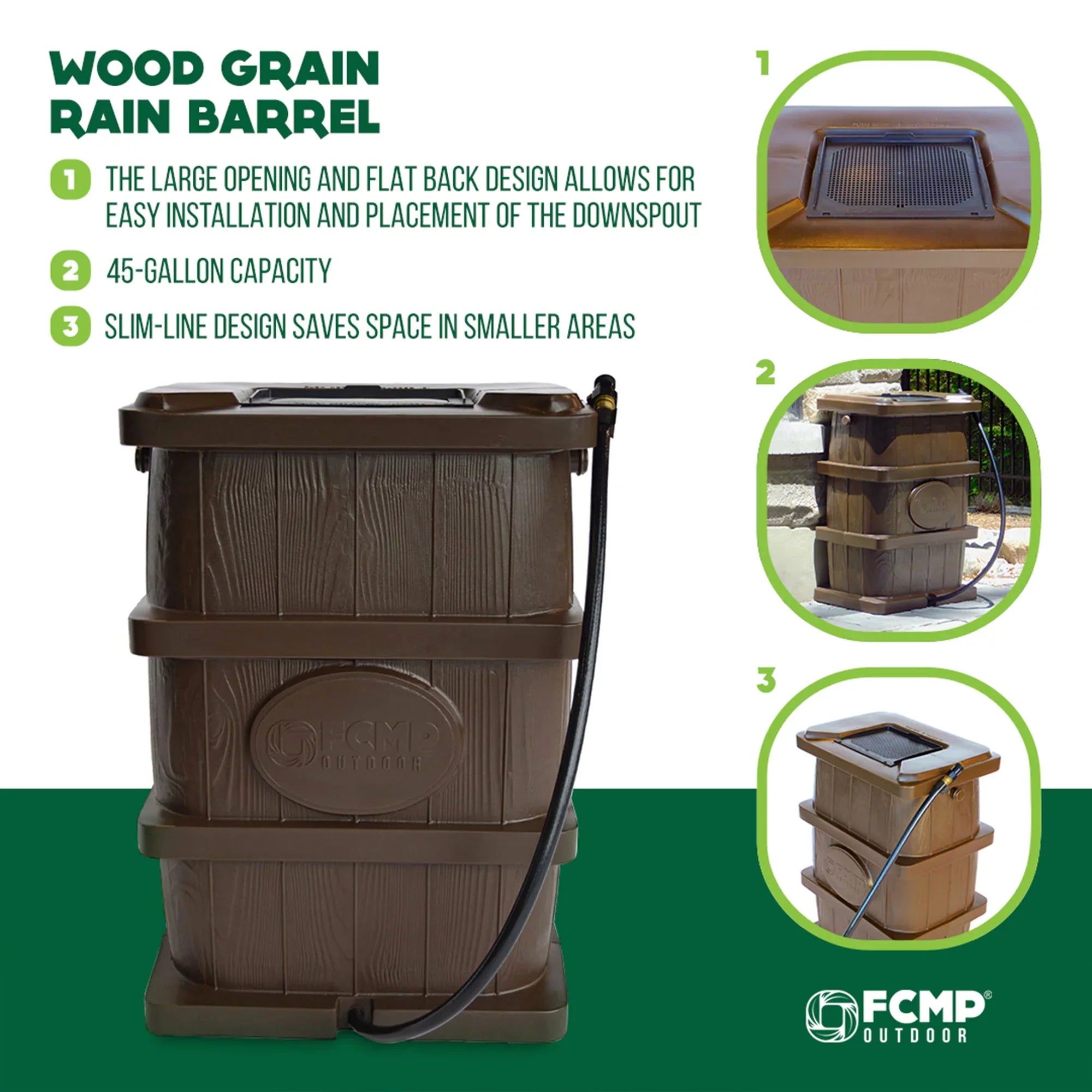 FCMP Outdoor WG4000 45 Gallon Wood Grain Rain Water Catcher Barrel, Brown