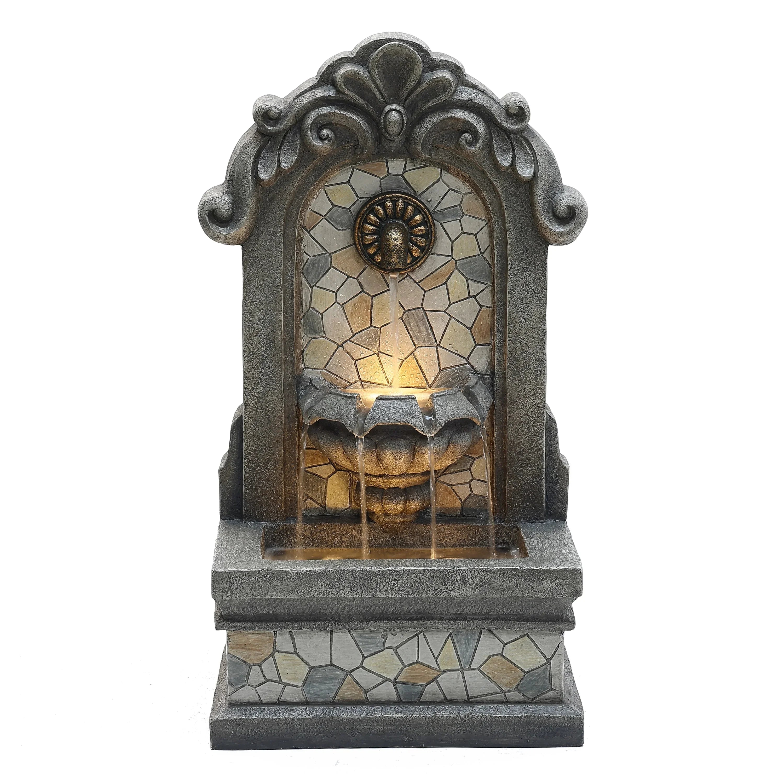LuxenHome 27" H Gray Resin Mosaic Wall Freestanding Outdoor Water Fountain with Lights