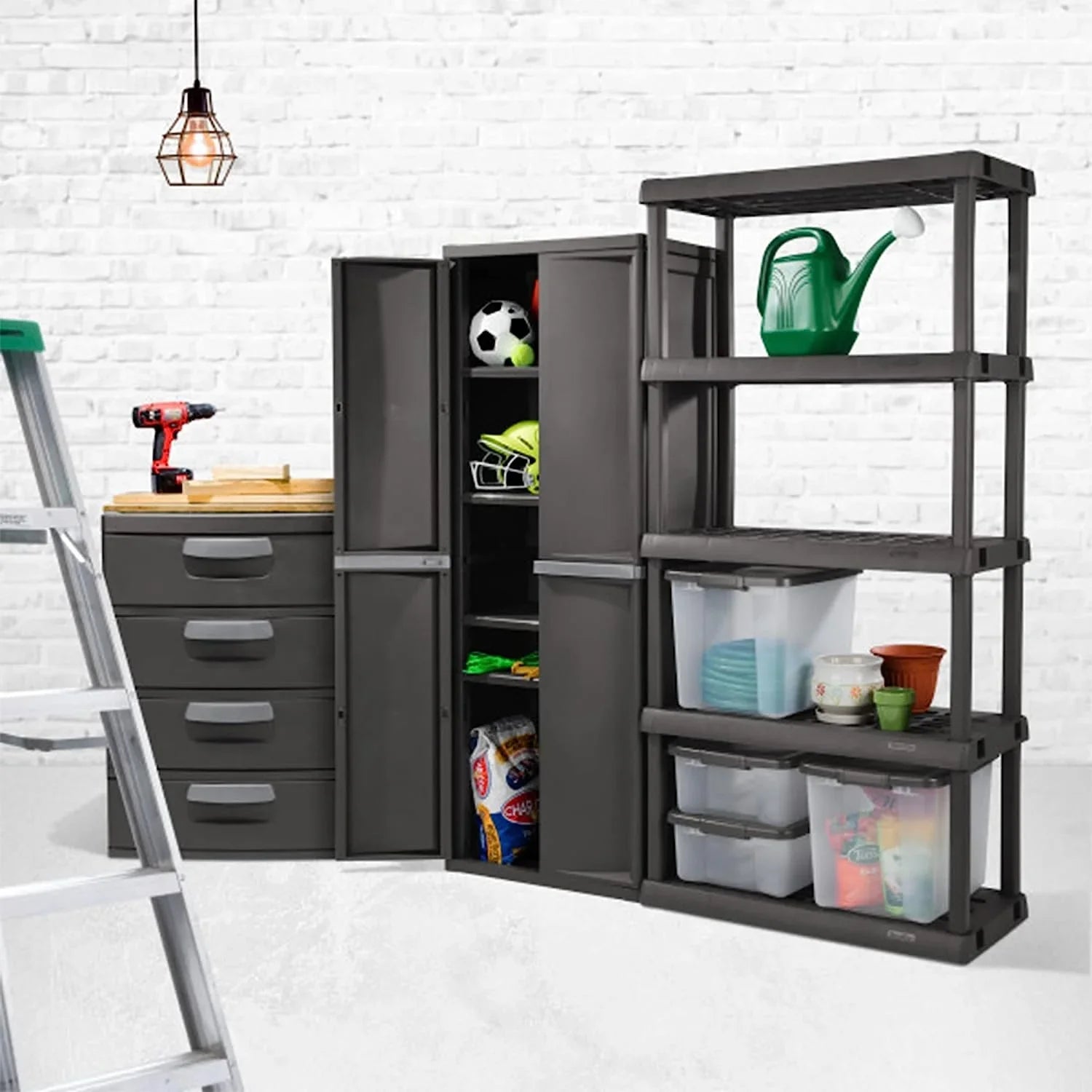 HOZO 4 Shelf Cabinet, Heavy Duty and Easy to Assemble Plastic Storage Unit, Organize Bins in the Garage, Basement, Attic, Mudroom, Gray, 1-Pack