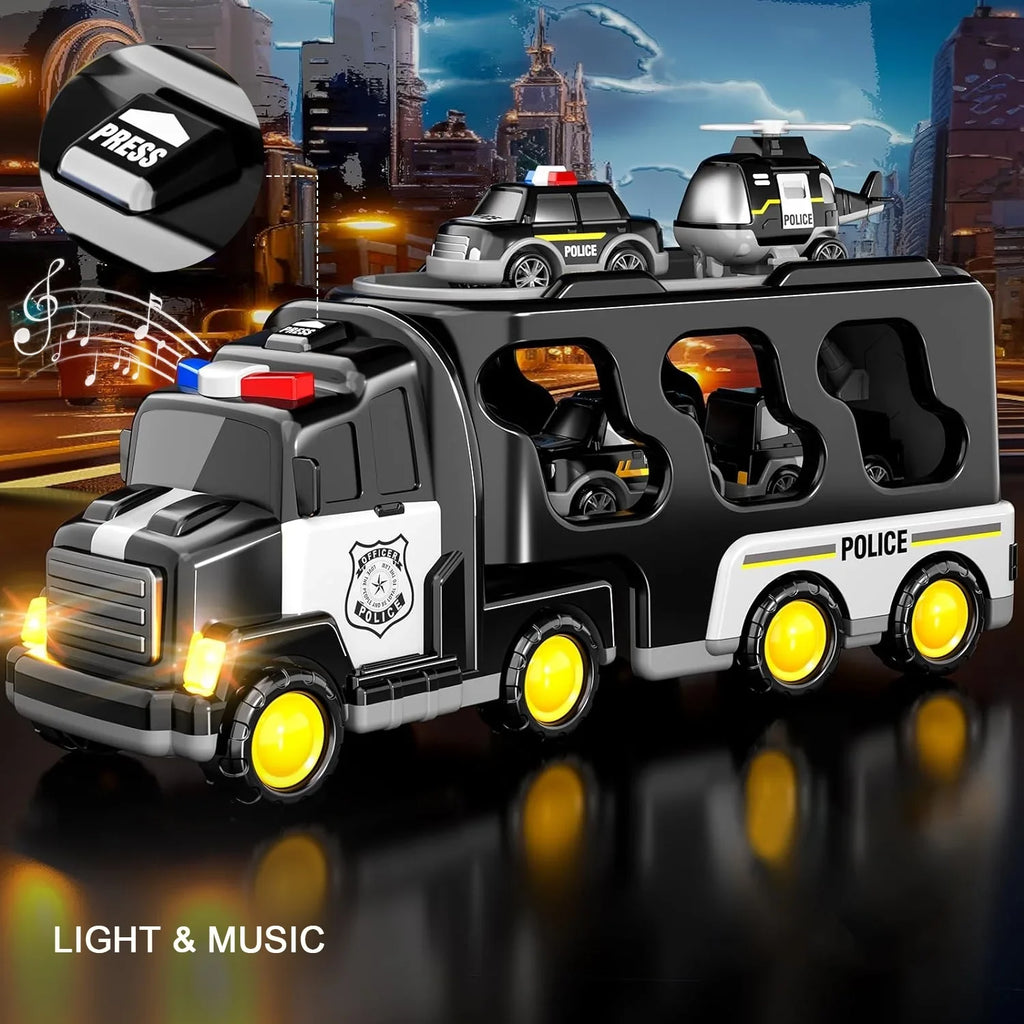 PayUSD Construction Toddler Police Truck Car Toys 3 4 5 6 Year Old Boys 5 in 1 Construction Car Trucks Playset with Play Mat & Accesoories, Birthday Gifts Toddlers Kids Boys Girls Age 3-5